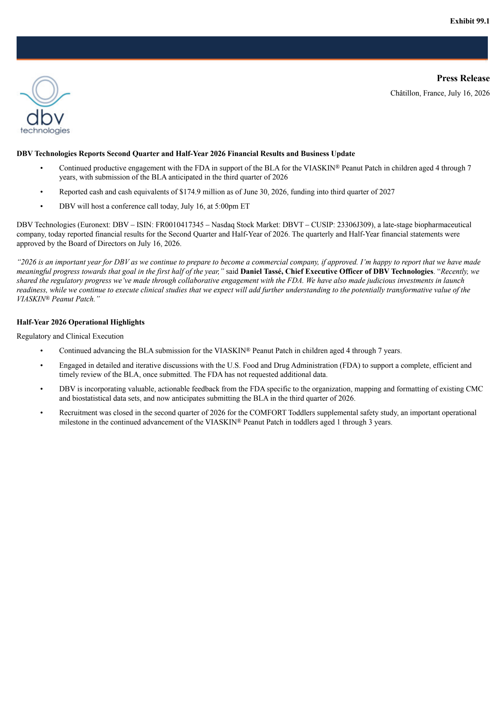 DBV Technologies' Q2 2026 Press Release