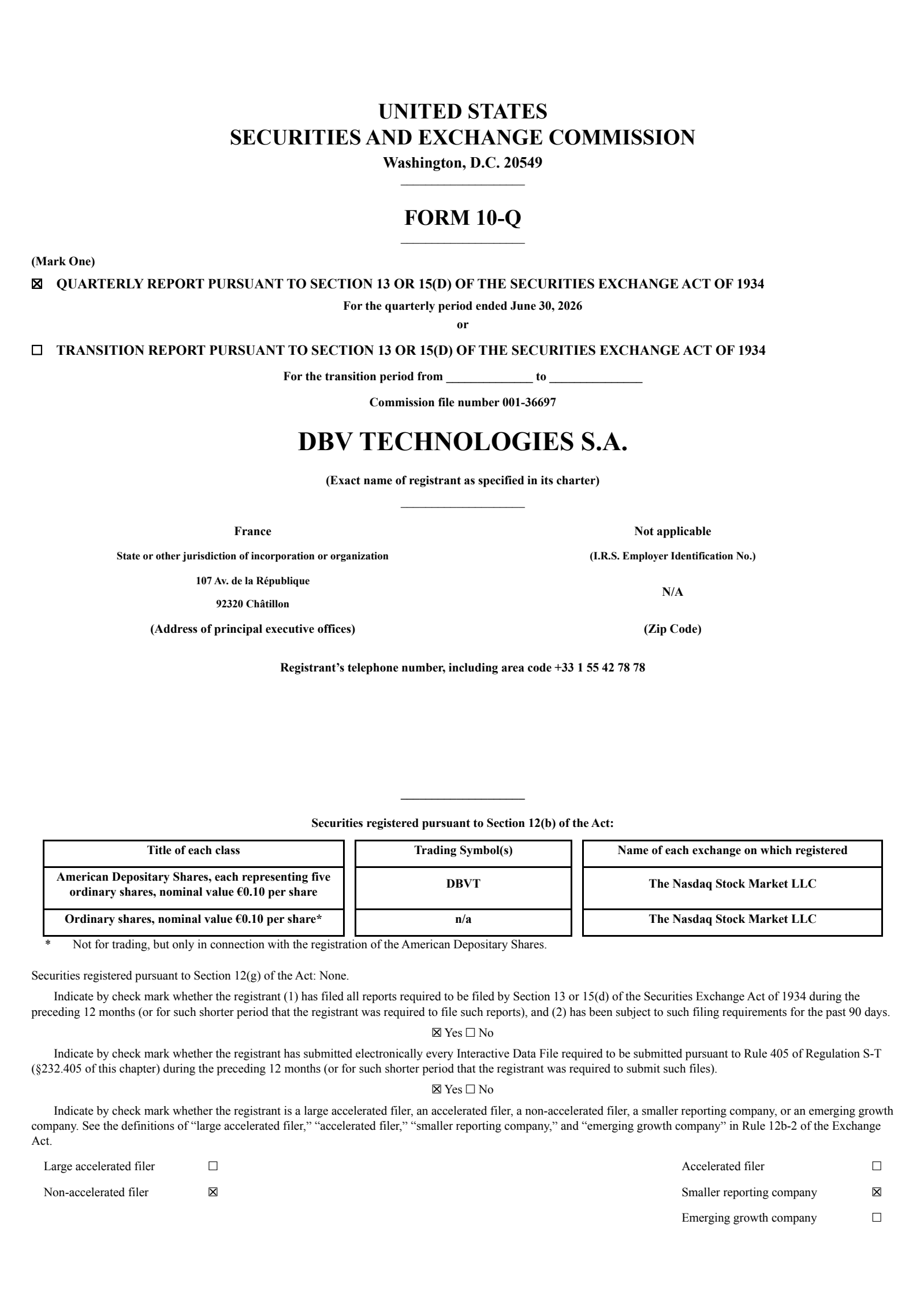 DBV Technologies' Q2 2026 Quarterly report