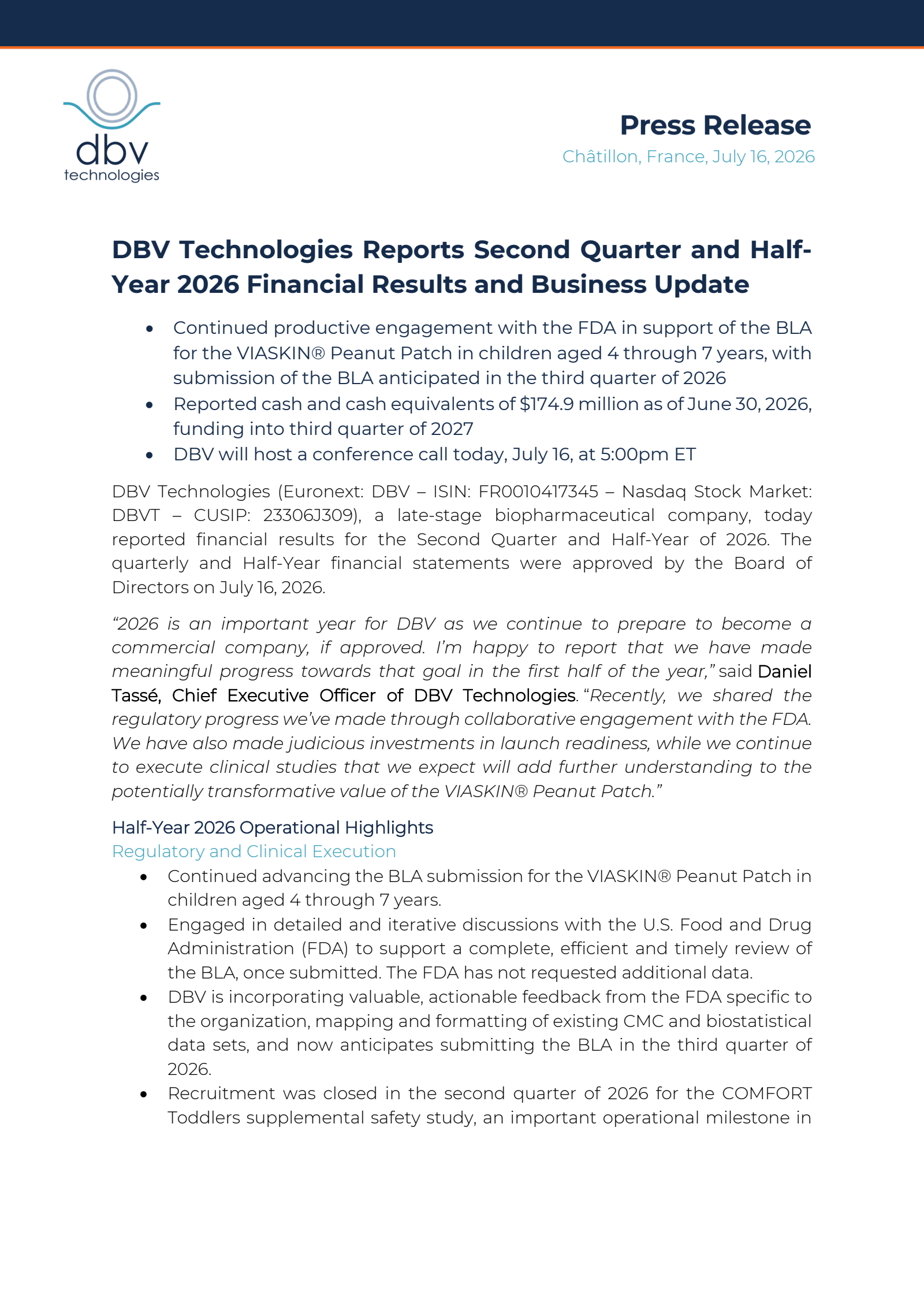 DBV Technologies' Q2 2026 Press Release