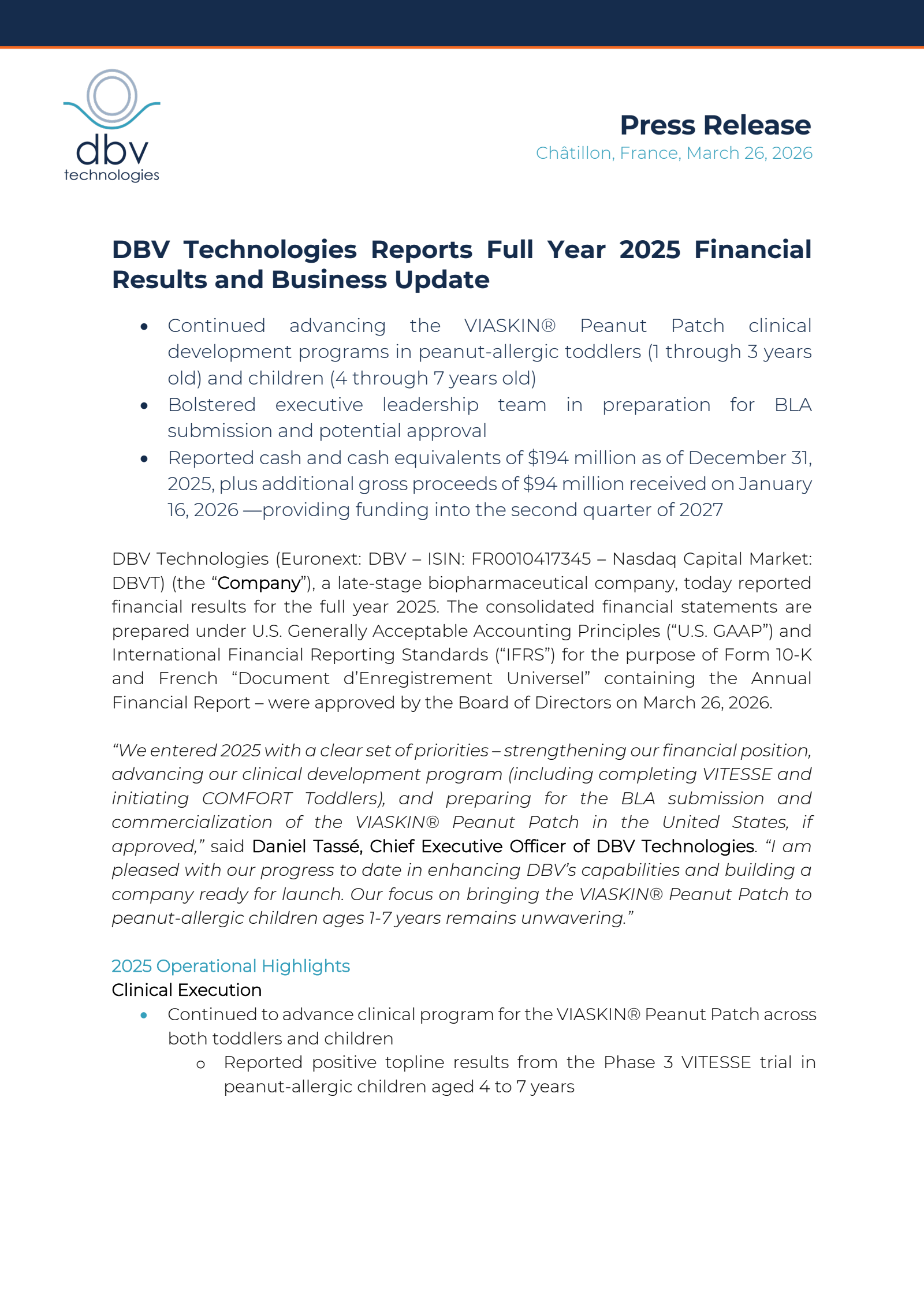 DBV Technologies' Q4 2025 Press Release