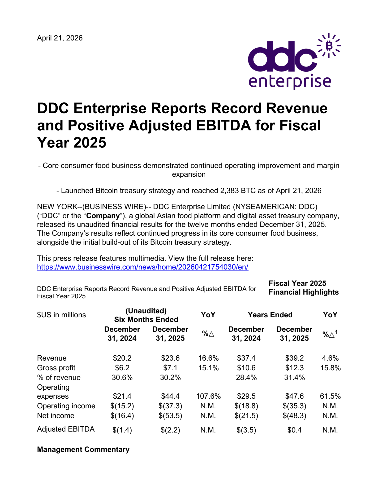DDC Enterprise's Q4 2025 Press Release