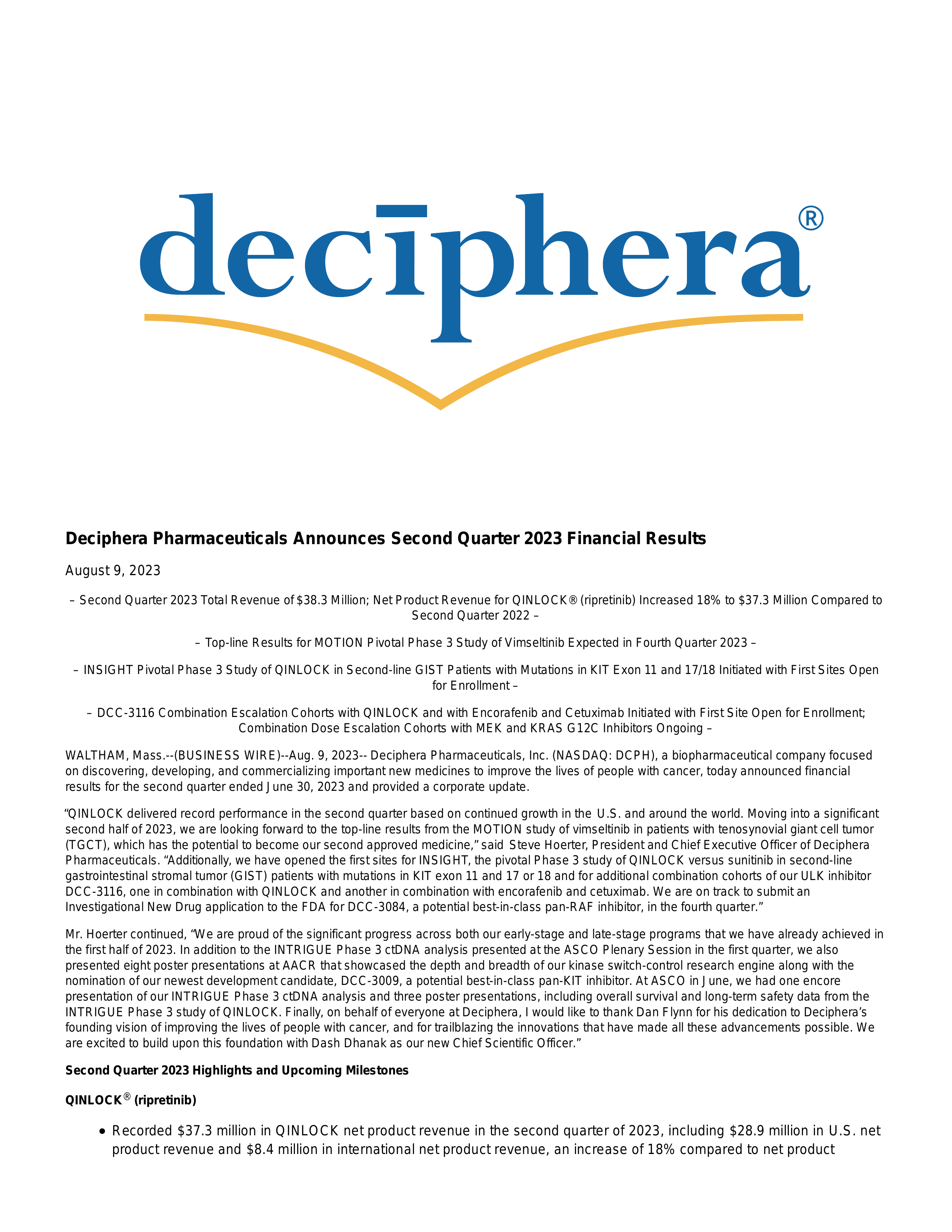 DCPH Q2 2023 Earnings Report on 8/9/2023