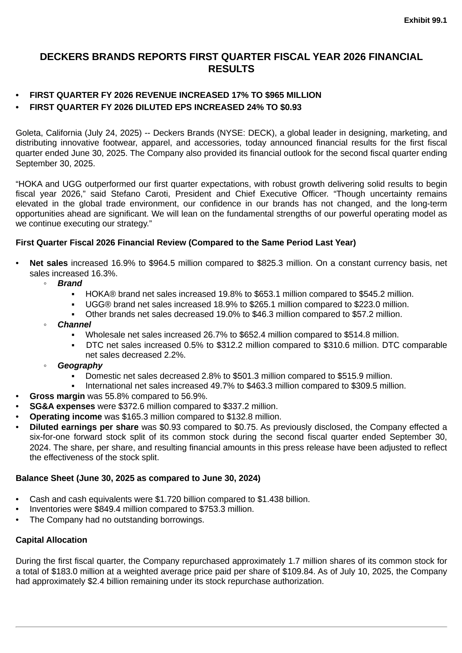 Deckers Outdoor's Q1 2026 Press Release