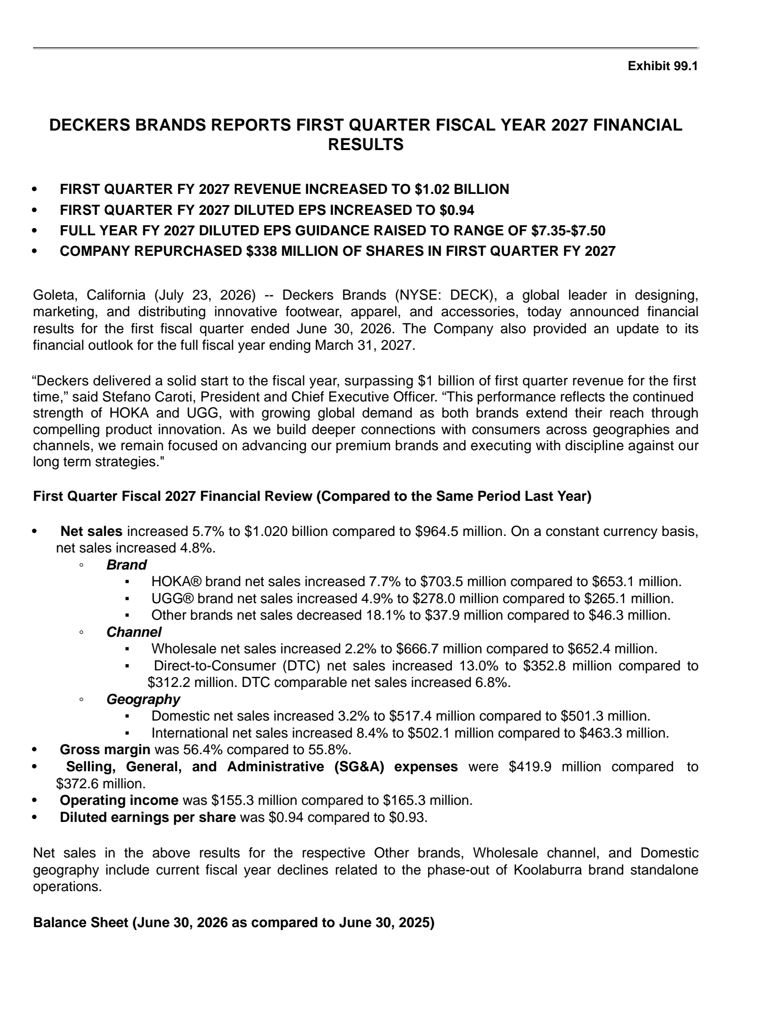 Deckers Outdoor's Q1 2027 Press Release