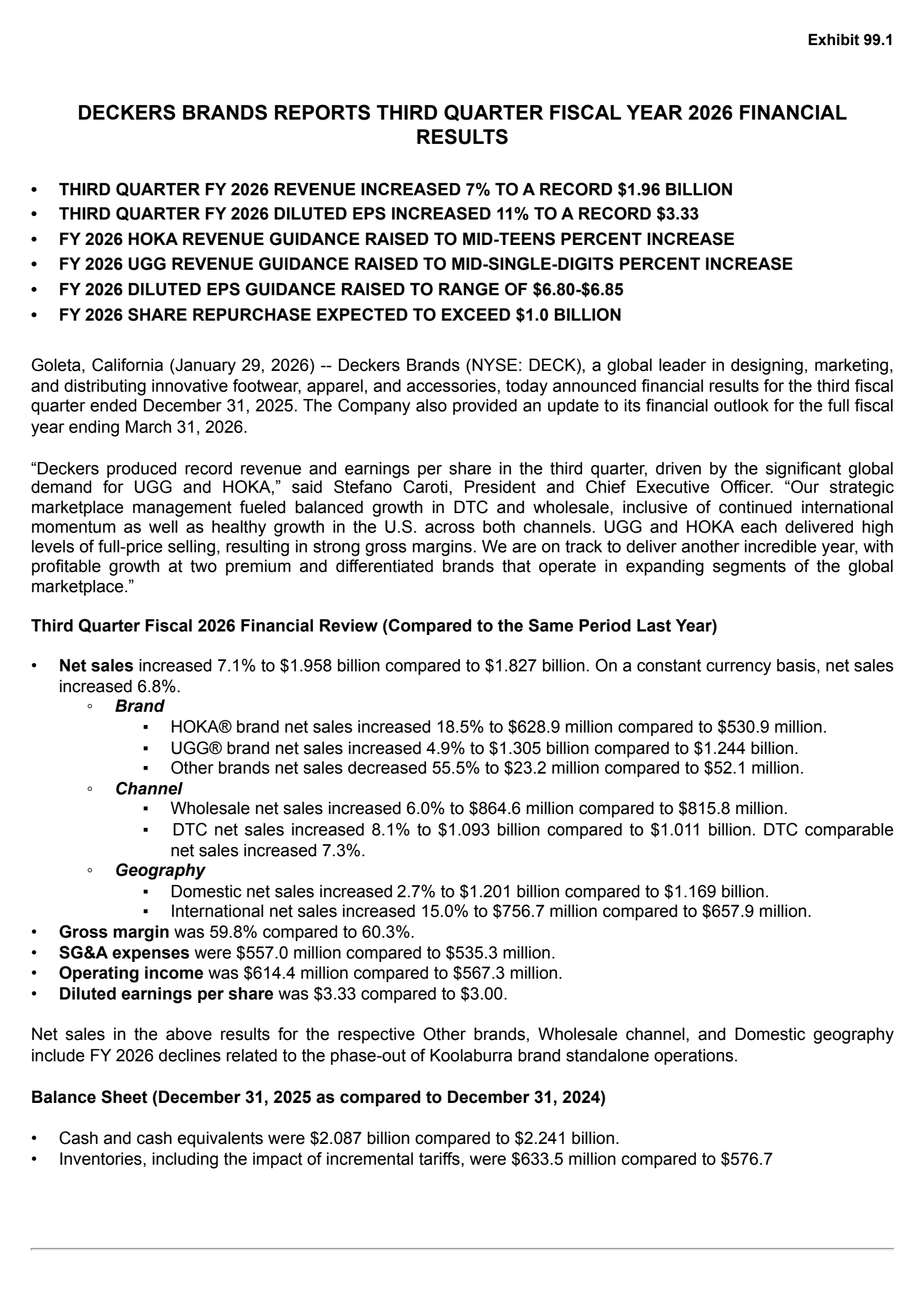 Deckers Outdoor's Q3 2026 Press Release