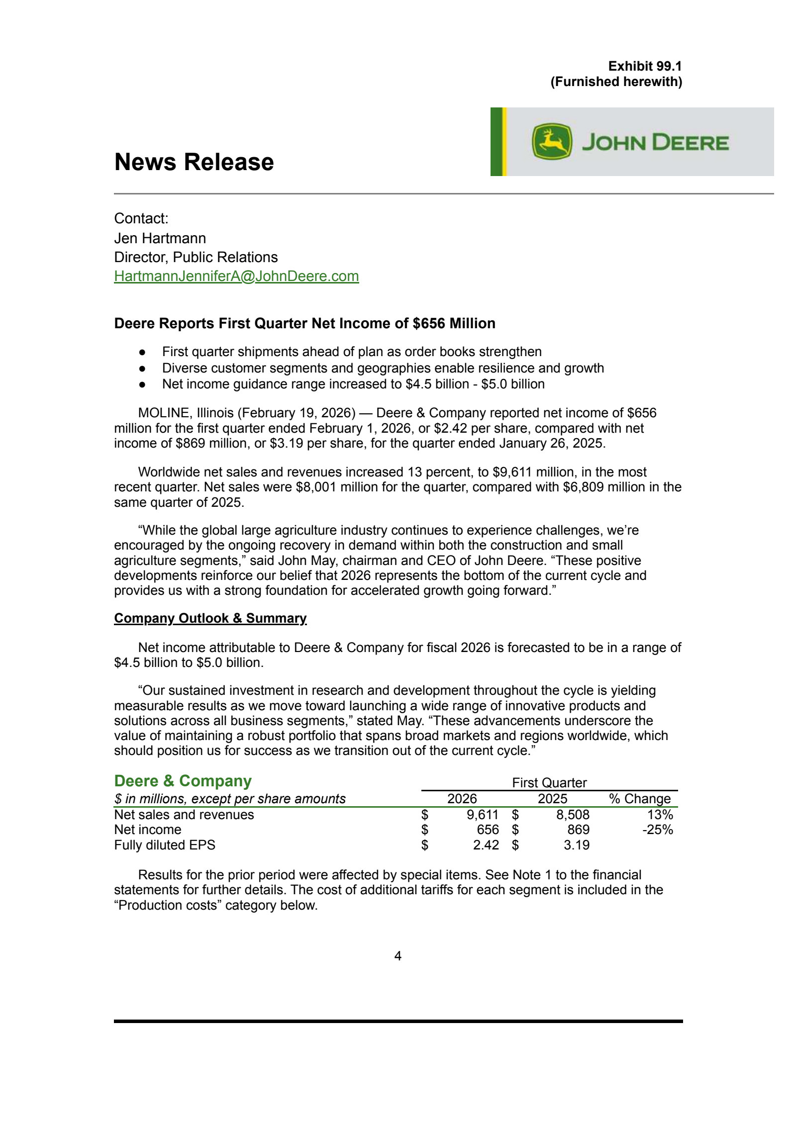 Deere & Company's Q1 2026 Press Release