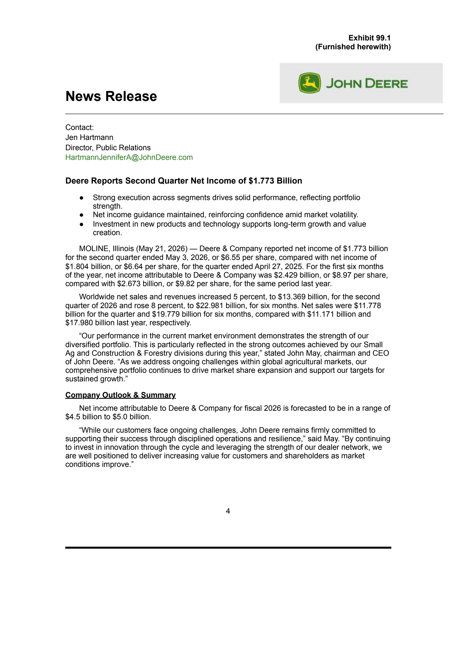 Deere & Company's Q2 2026 Press Release