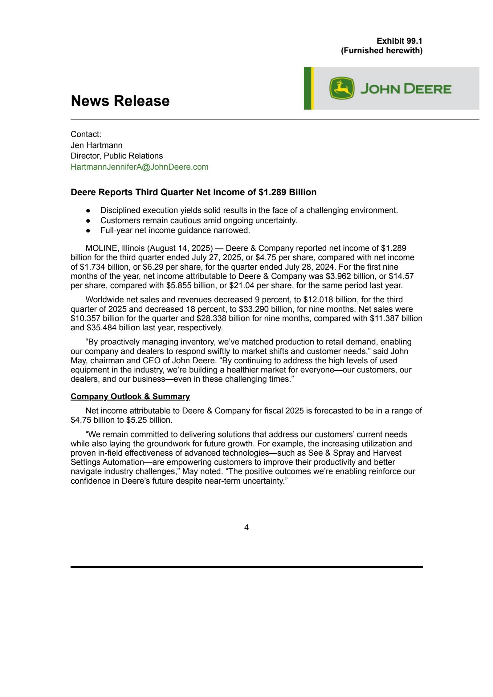 Deere & Company's Q3 2025 Press Release