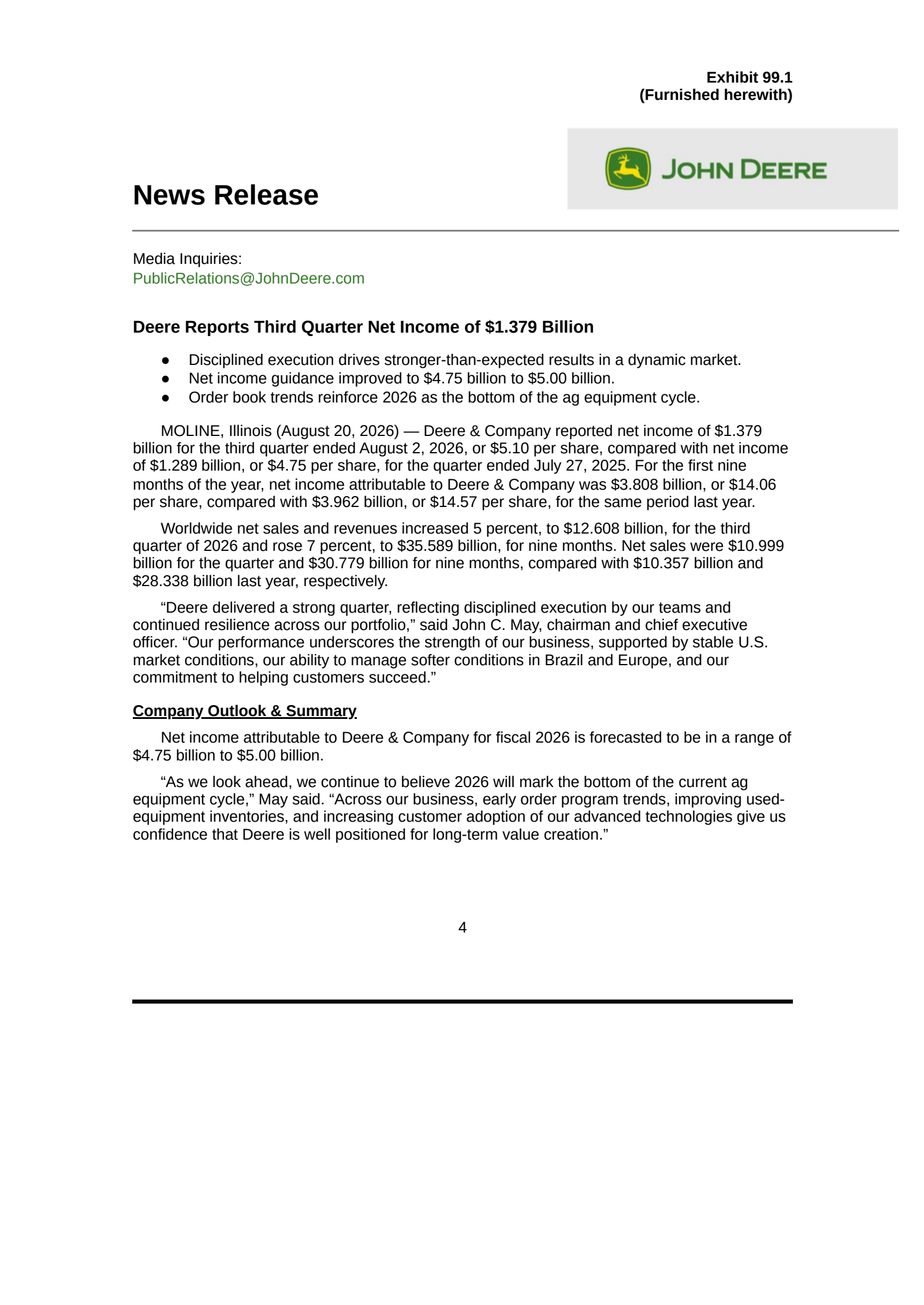 Deere & Company's Q3 2026 Press Release