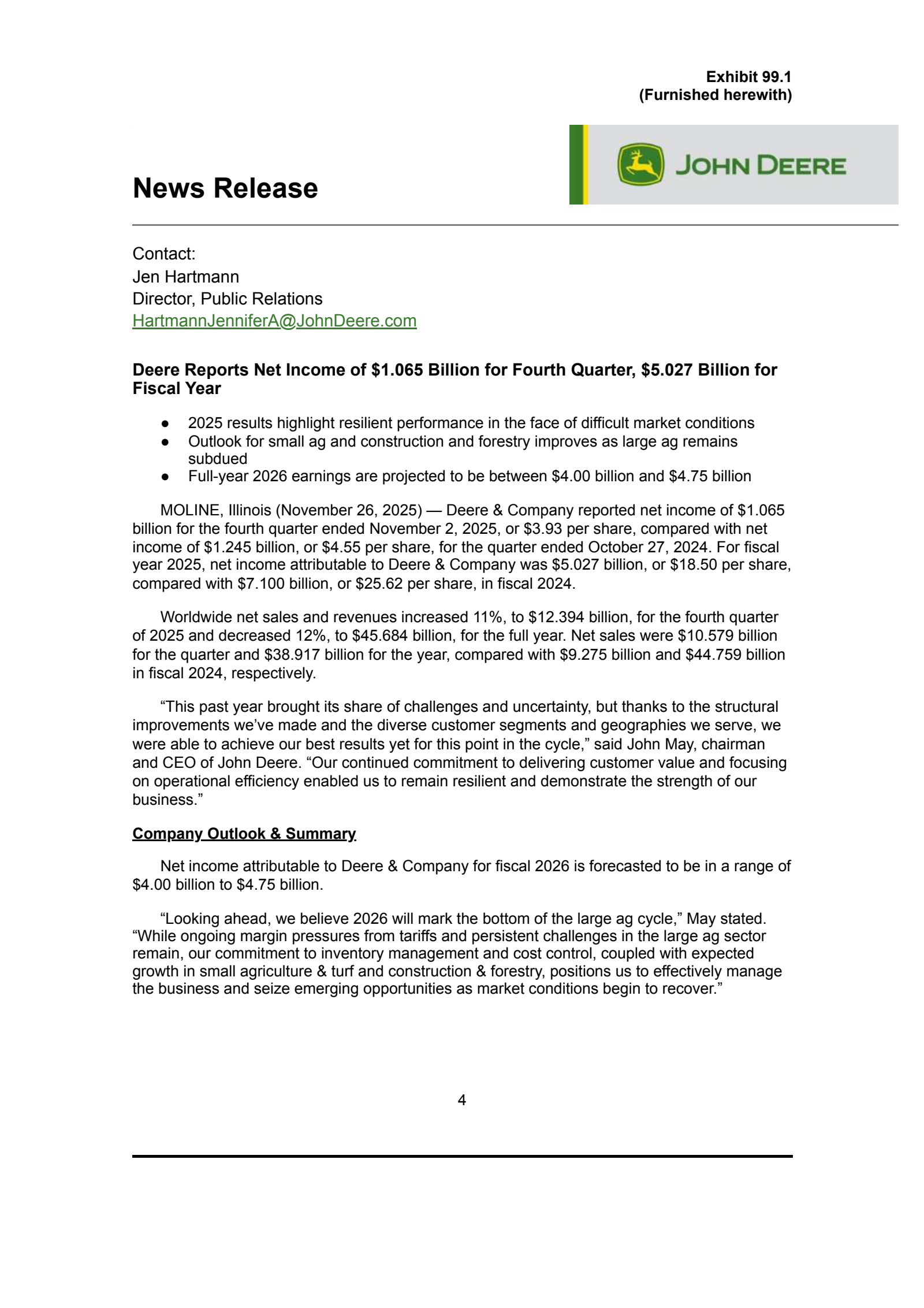 Deere & Company's Q4 2025 Earnings Release