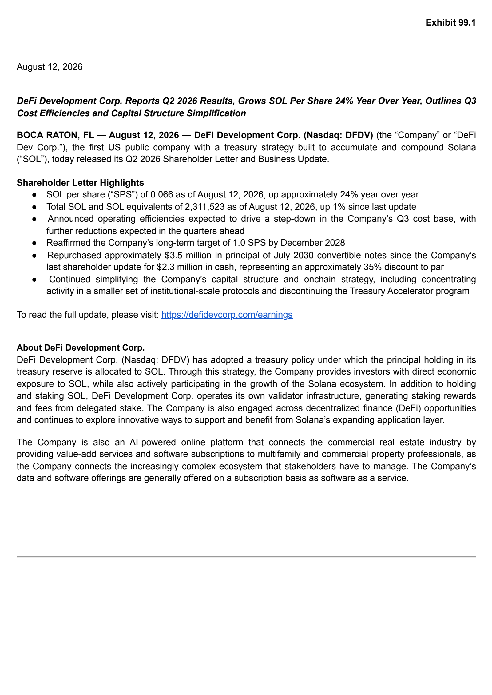 DeFi Development's Q2 2026 Press Release