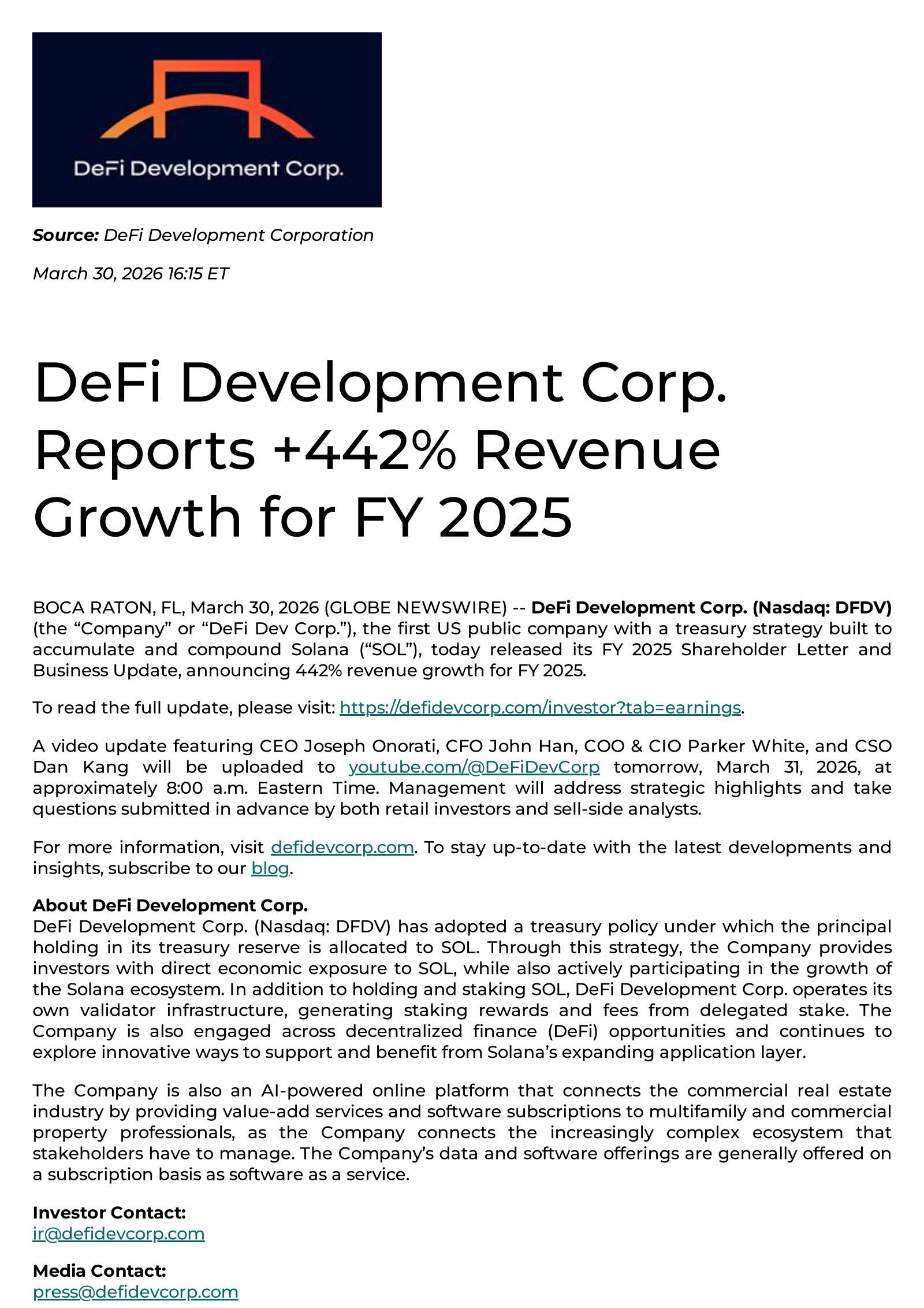 DeFi Development's Q4 2025 Press Release