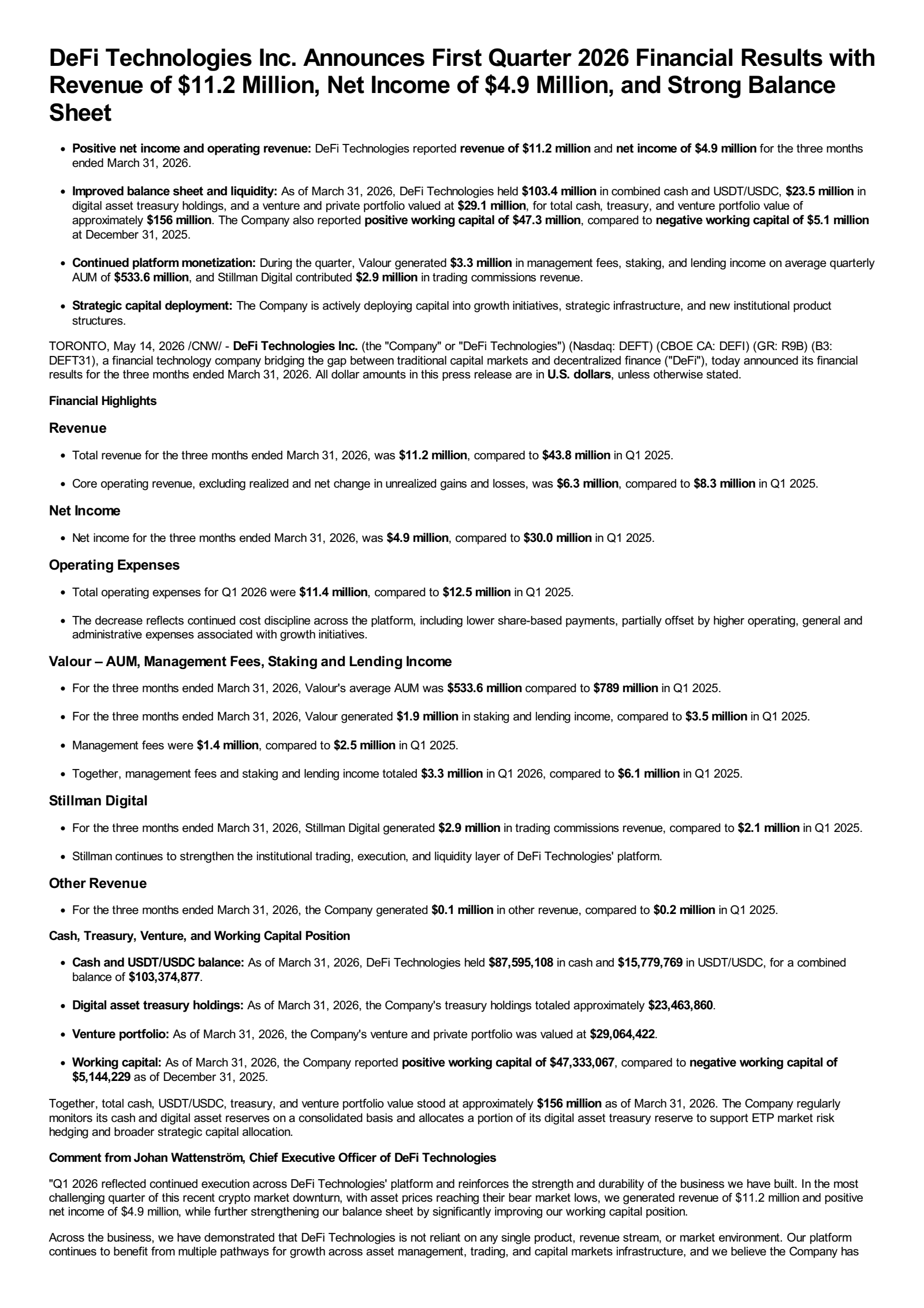 DeFi Technologies' Q1 2026 Press Release
