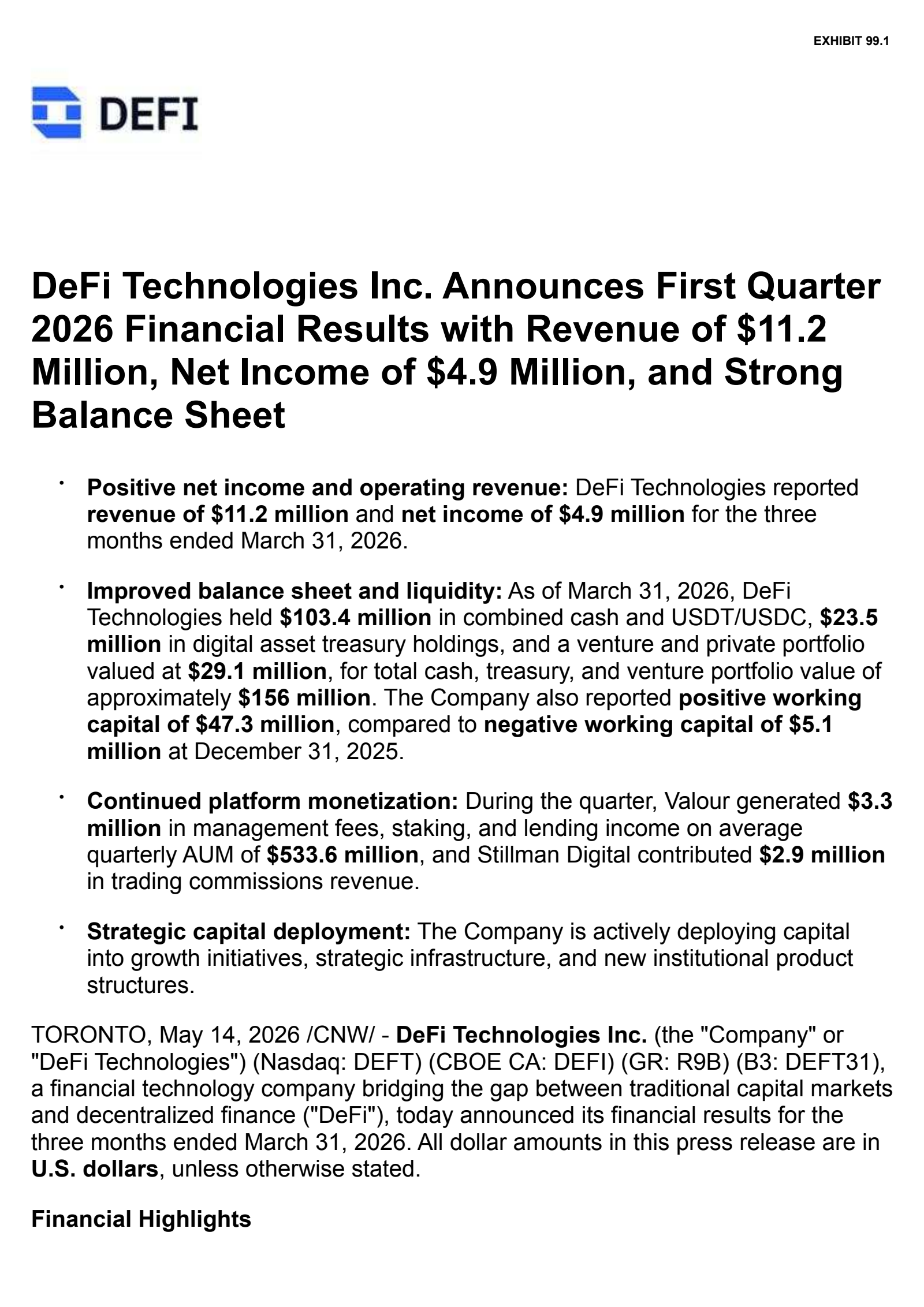 DeFi Technologies' Q1 2026 Press Release