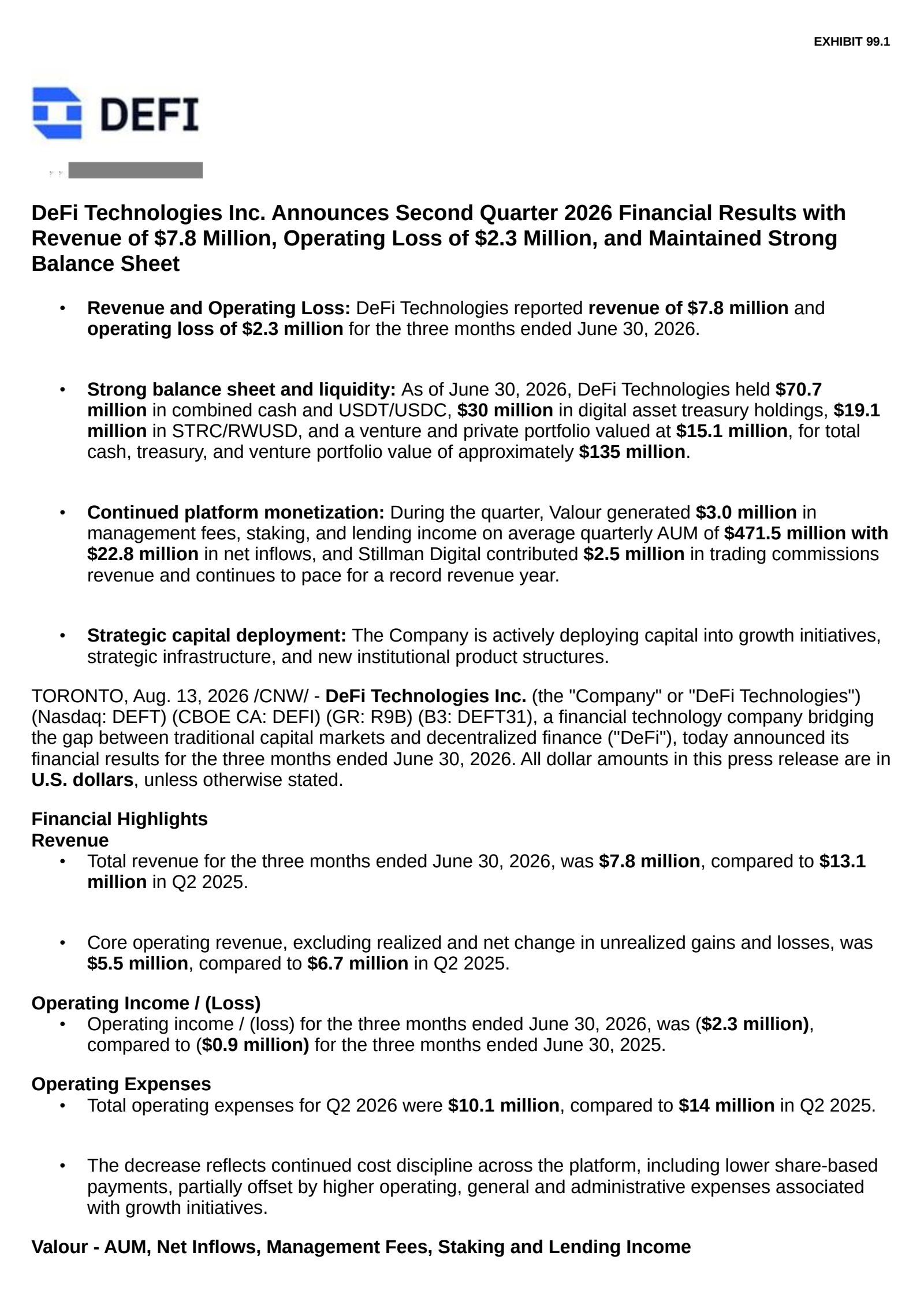 DeFi Technologies' Q2 2026 Press Release