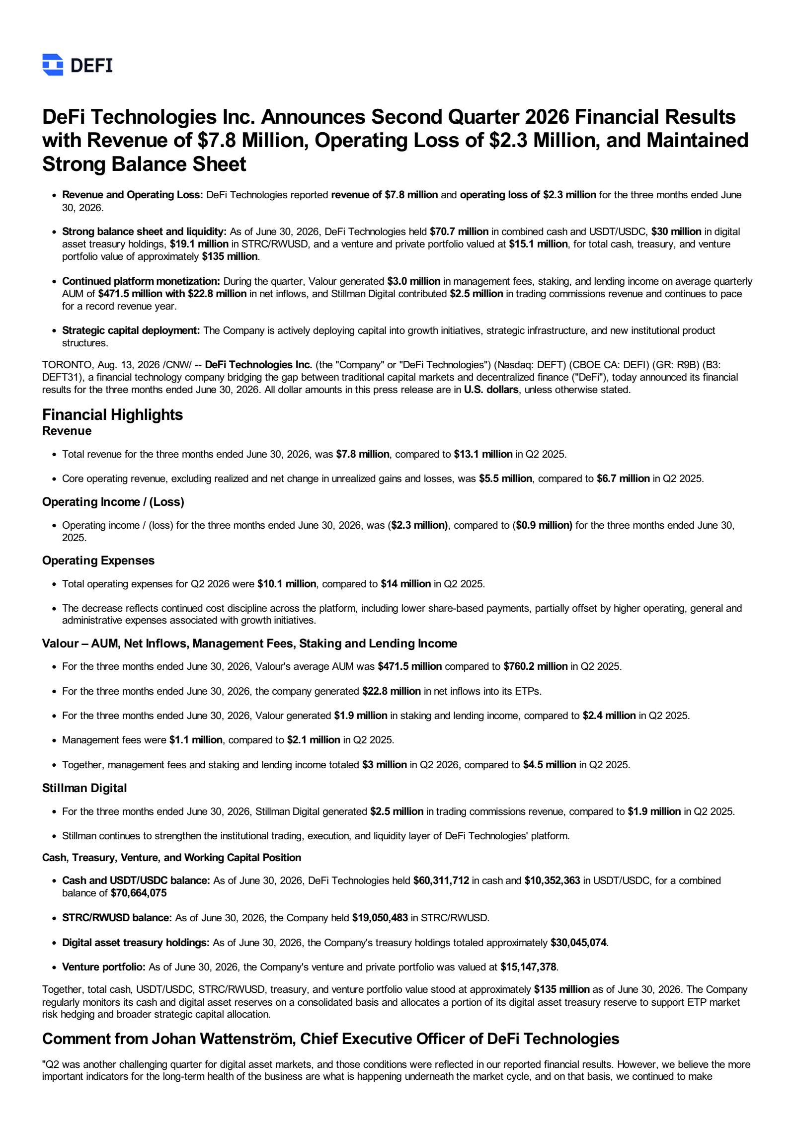 DeFi Technologies' Q2 2026 Press Release
