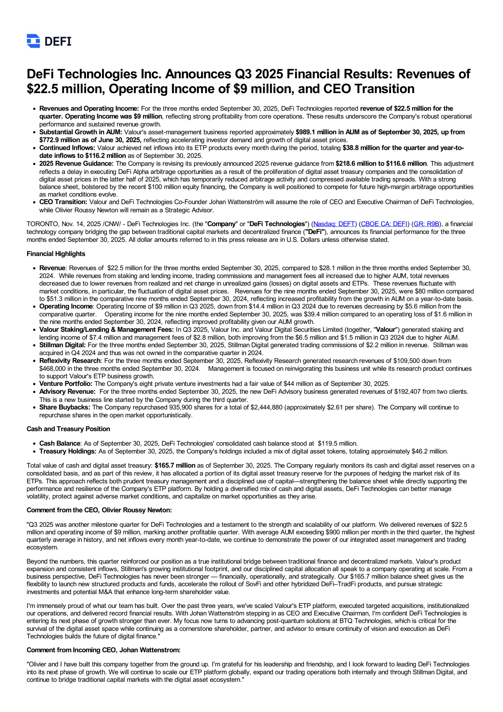 DeFi Technologies' Q3 2025 Earnings Release