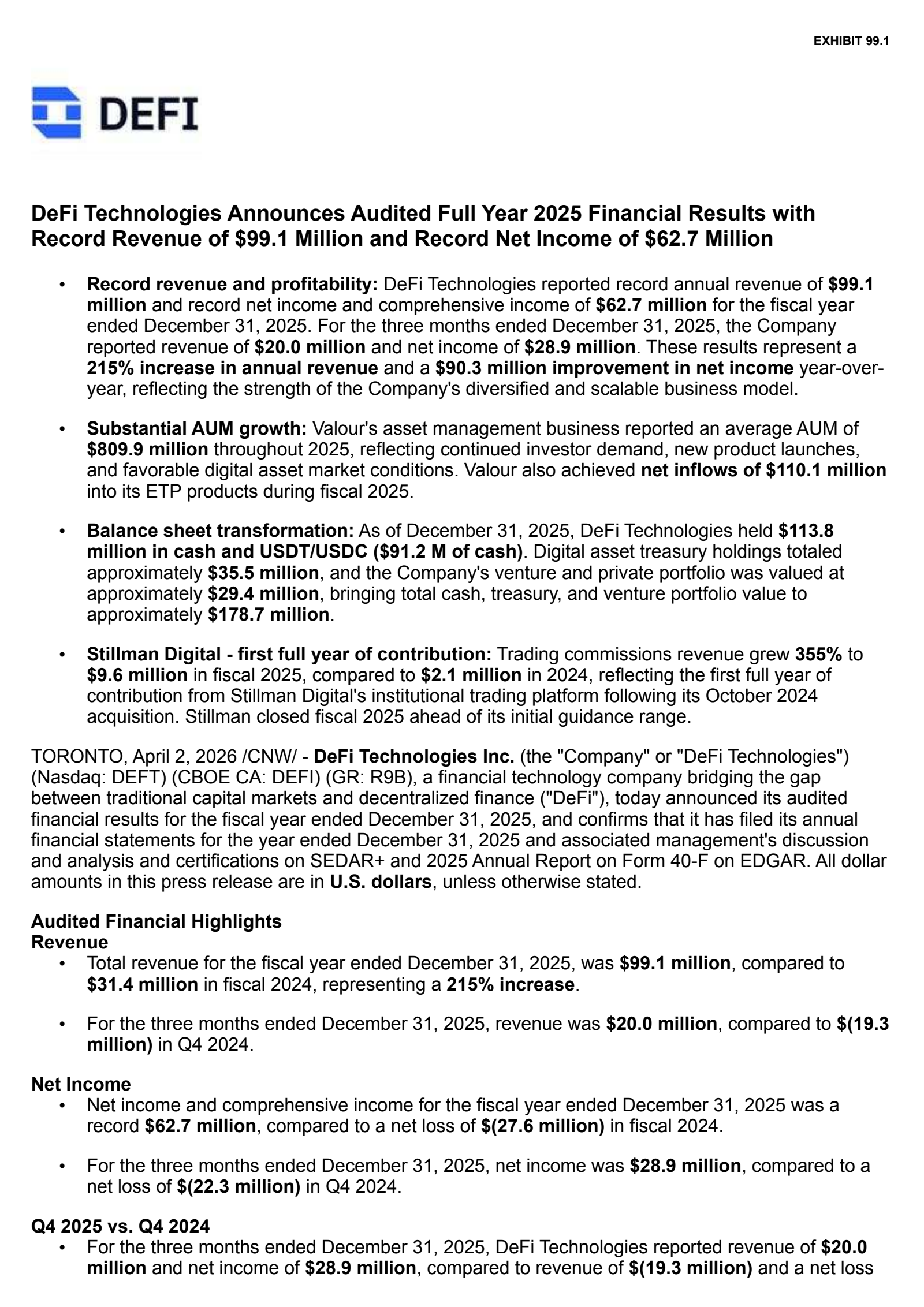DeFi Technologies' Q4 2025 Press Release