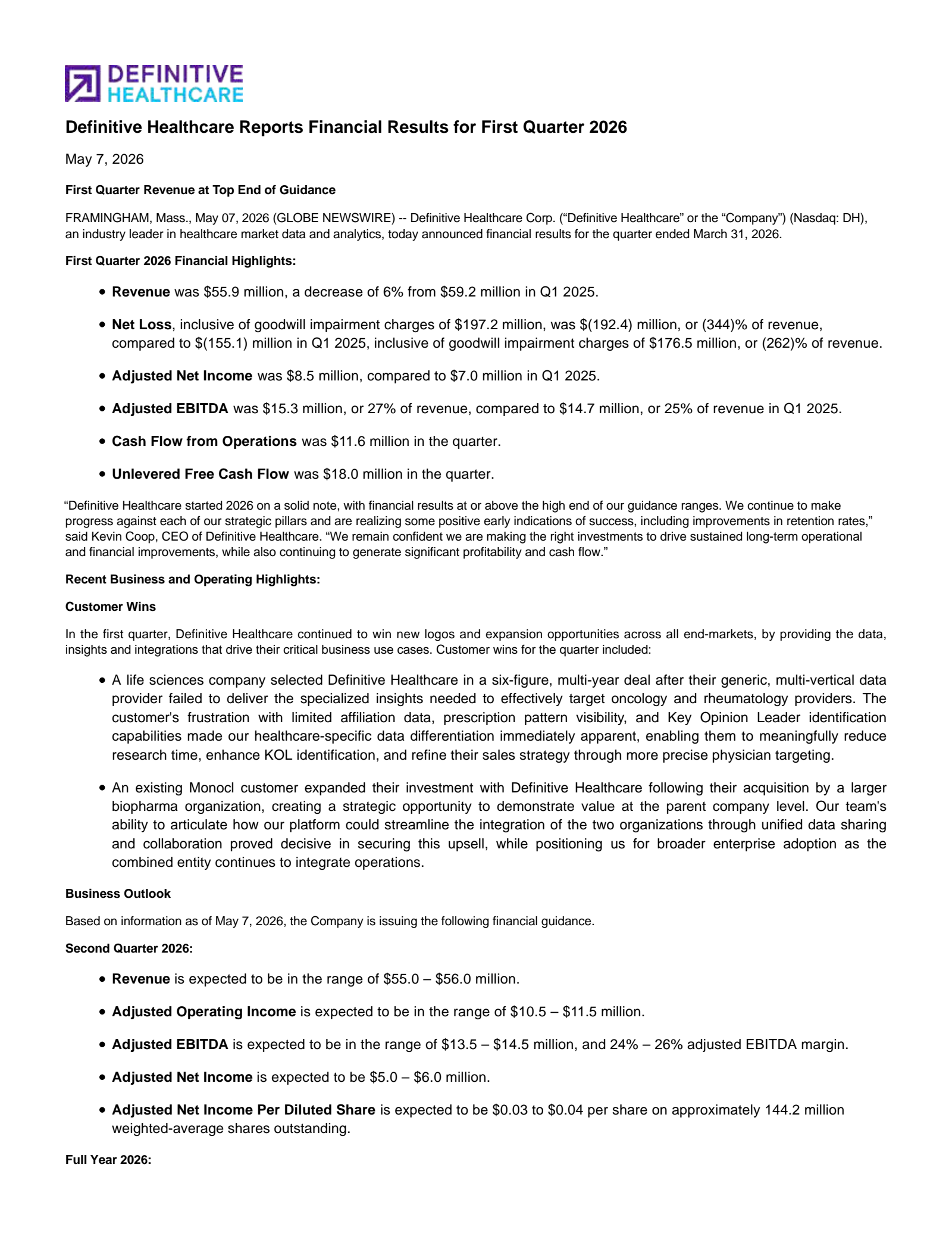 Definitive Healthcare's Q1 2026 Press Release
