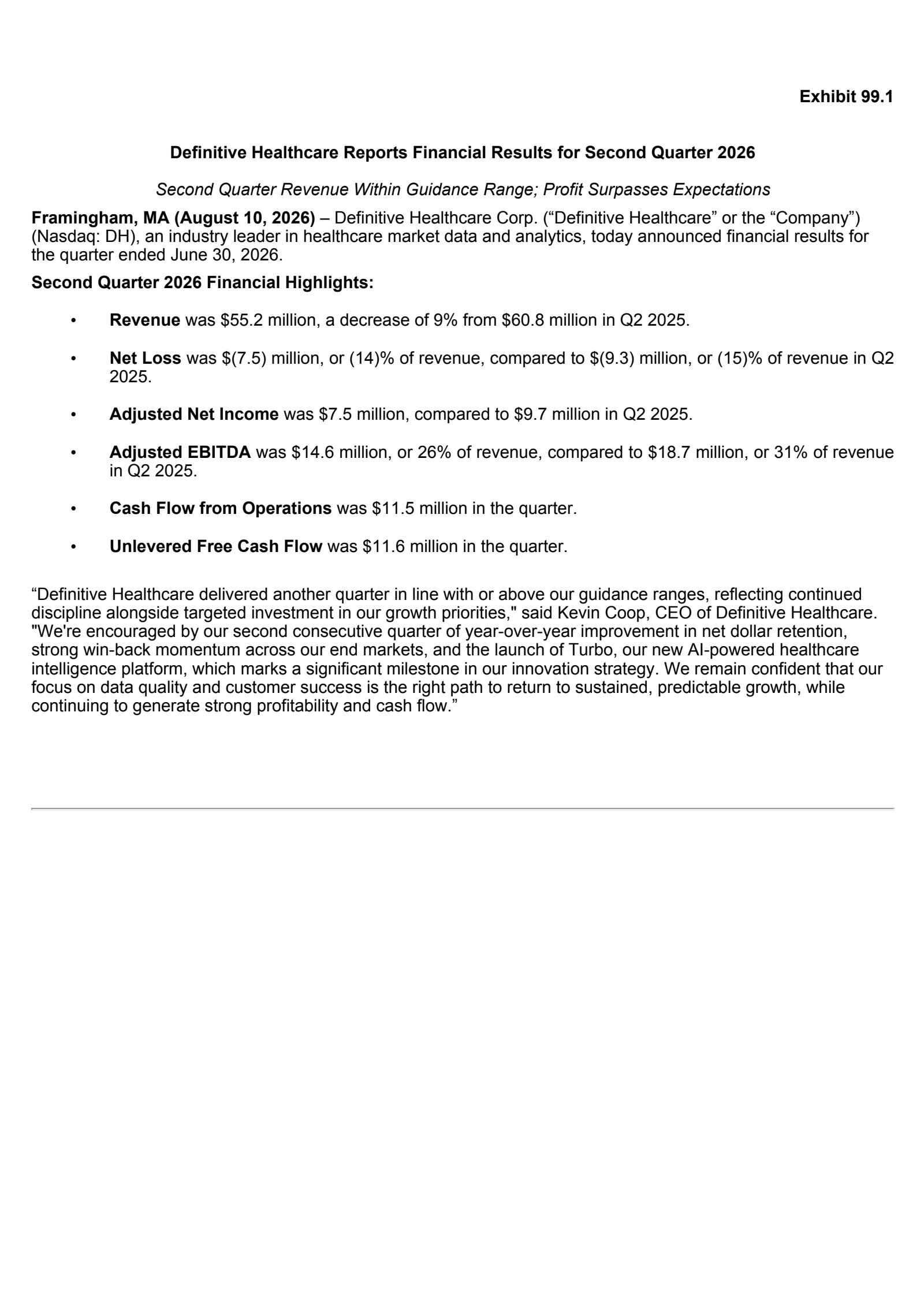 Definitive Healthcare's Q2 2026 Press Release
