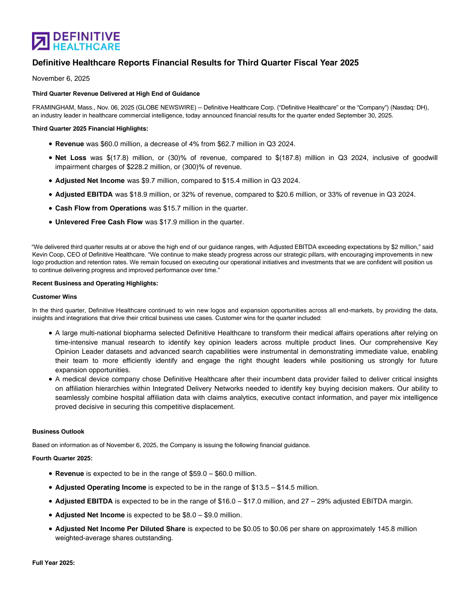 Definitive Healthcare's Q3 2025 Earnings Release