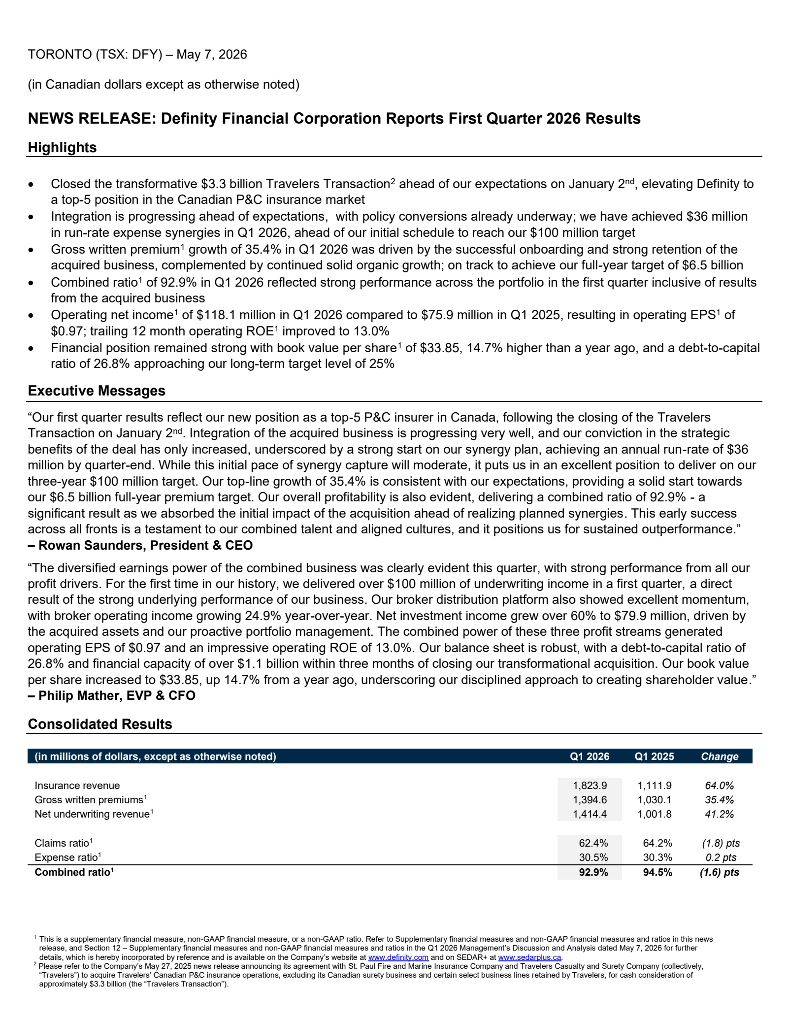 Definity Financial's Q1 2026 Press Release
