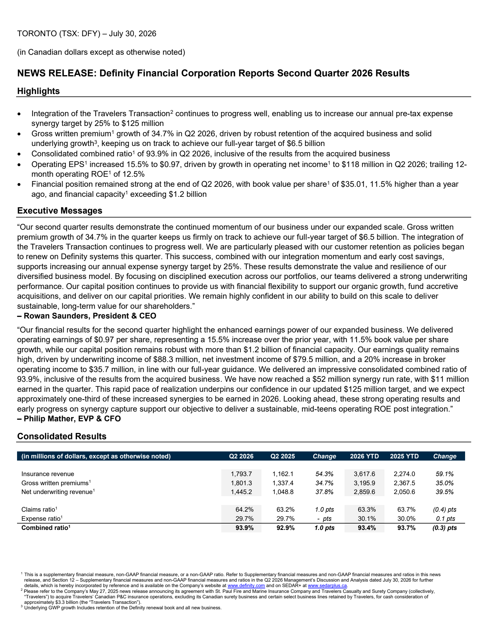 Definity Financial's Q2 2026 Press Release