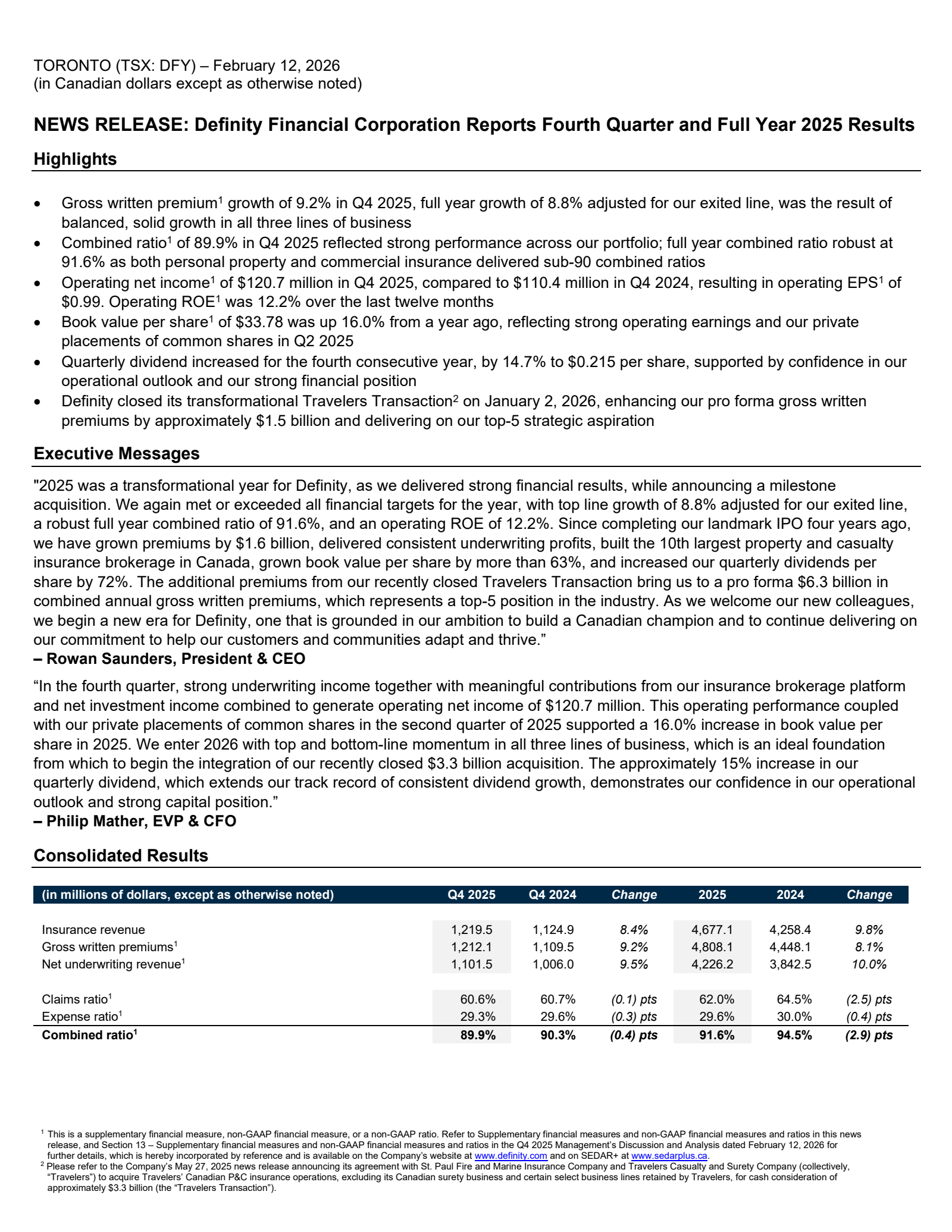 Definity Financial's Q4 2025 Press Release