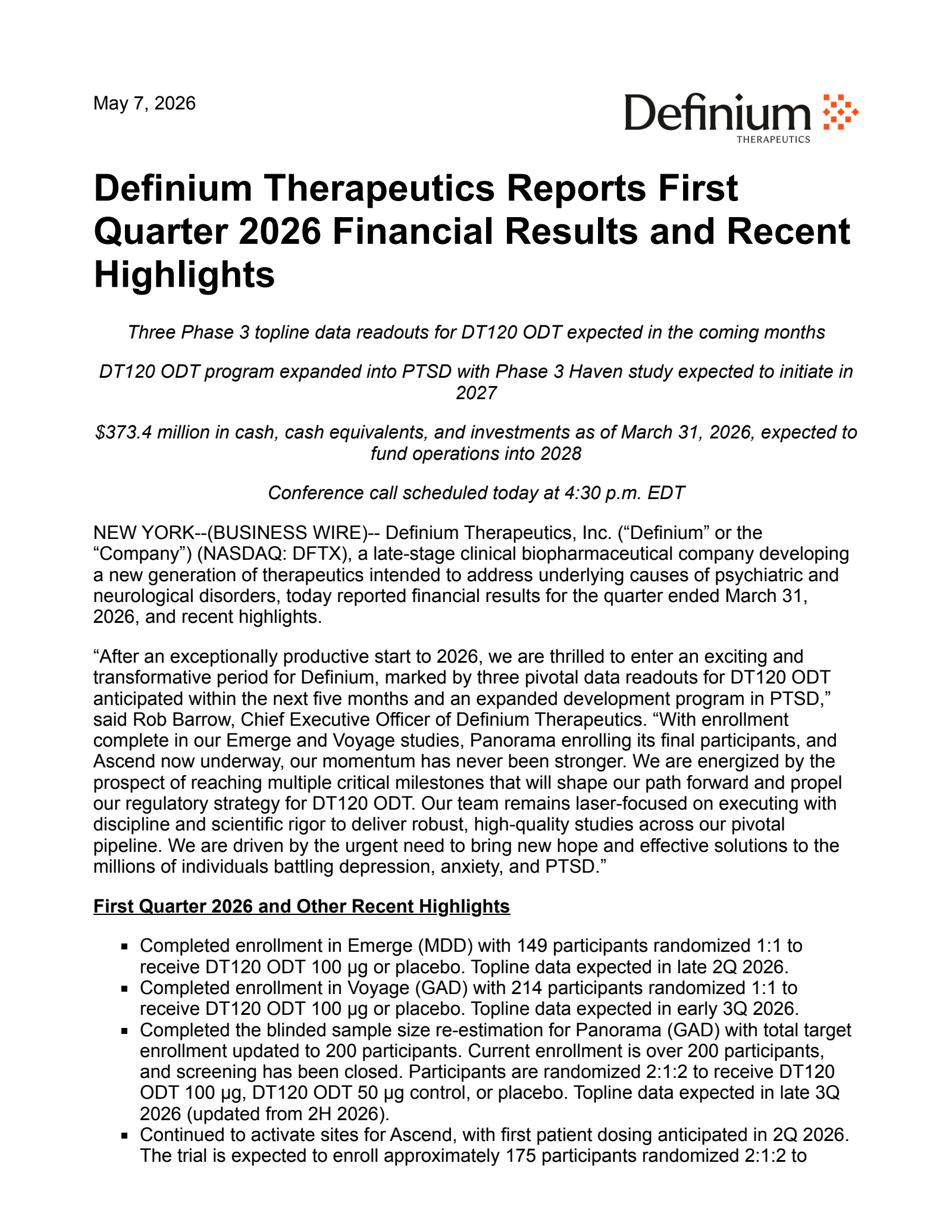 Definium Therapeutics' Q1 2026 Press Release