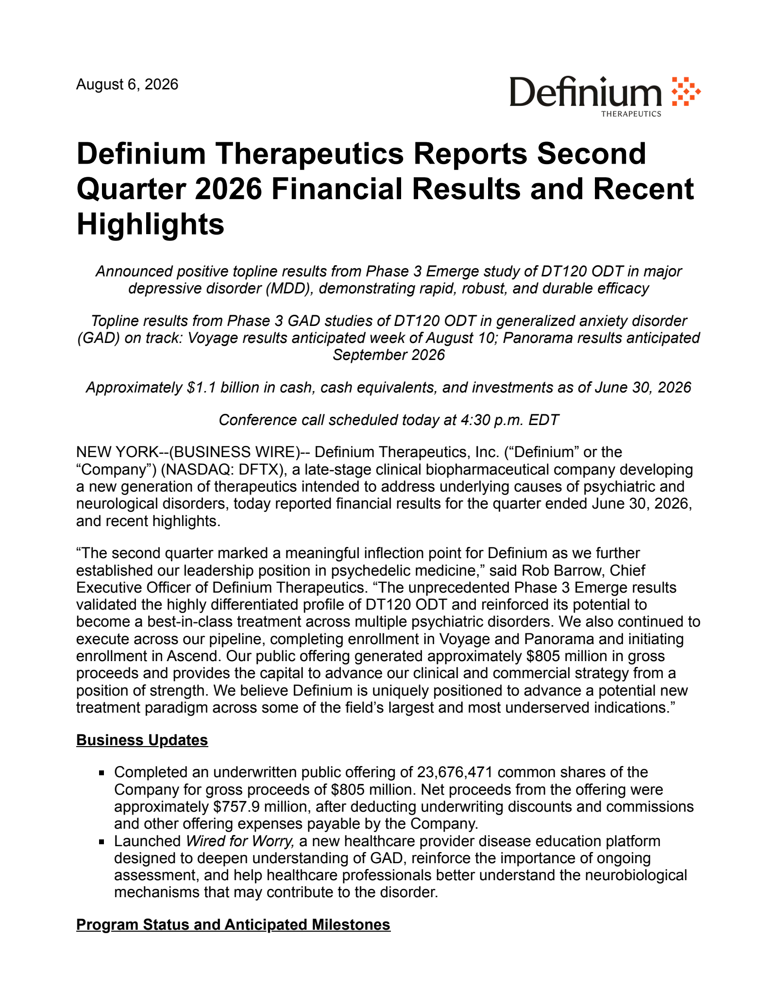 Definium Therapeutics' Q2 2026 Press Release
