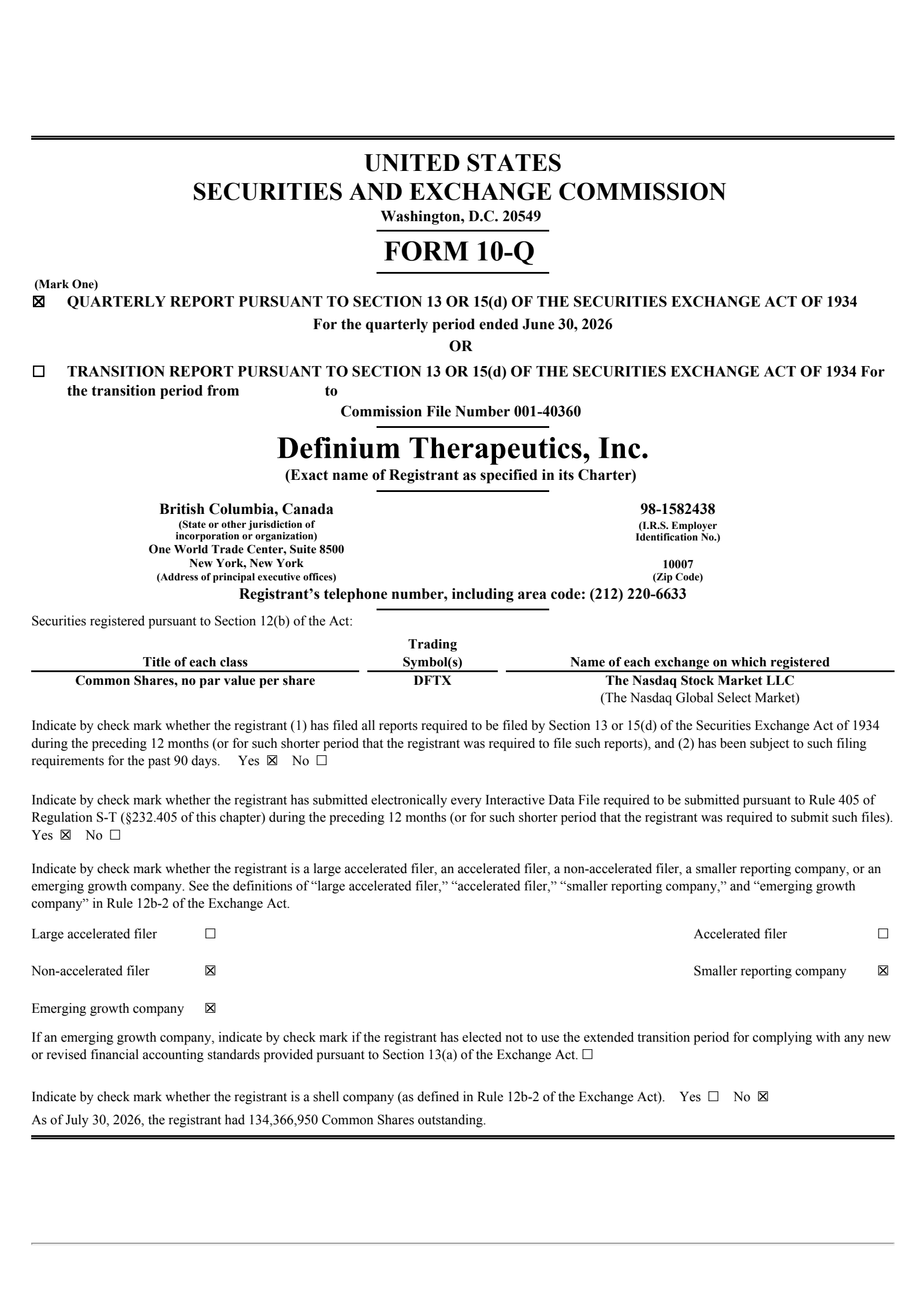 Definium Therapeutics' Q2 2026 Quarterly report