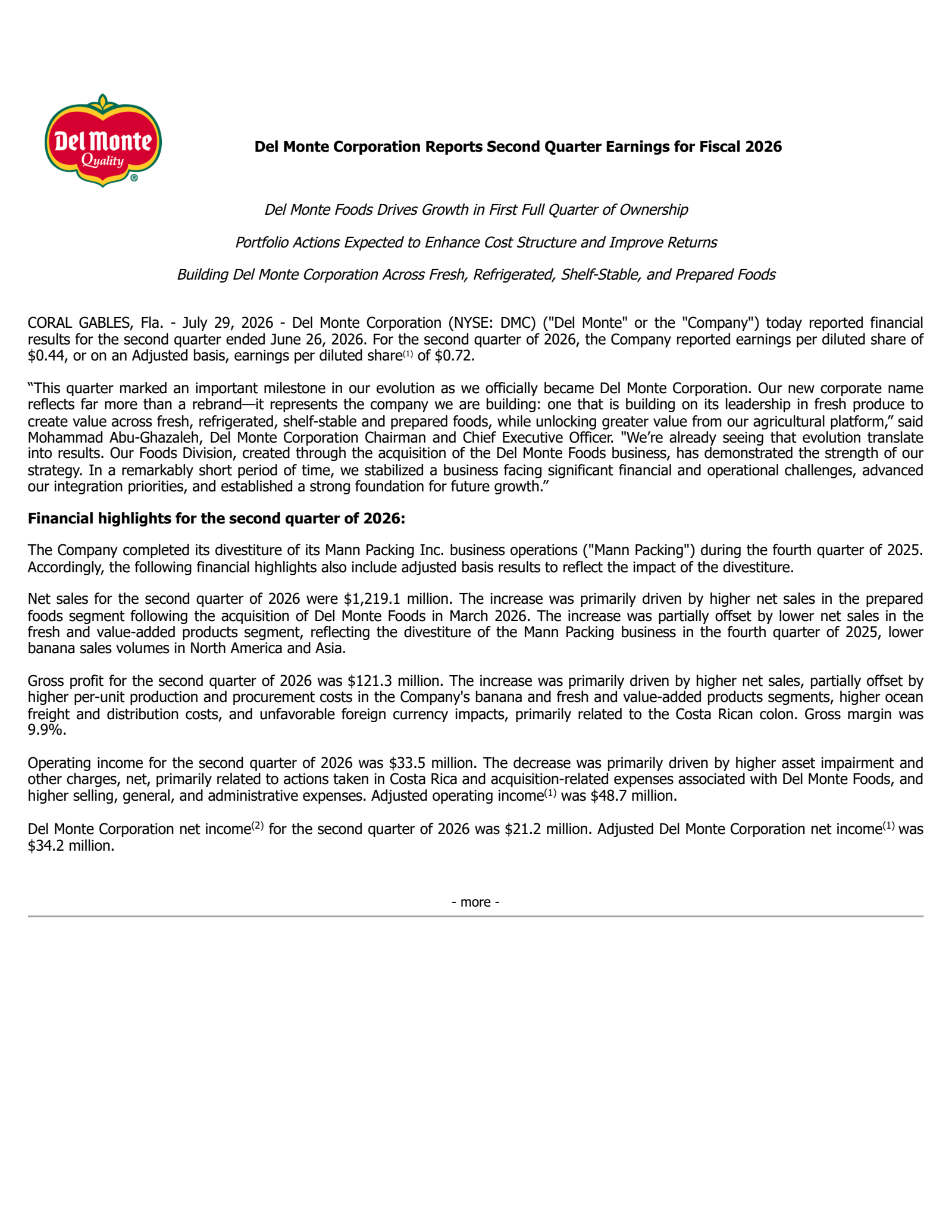 Fresh Del Monte Produce's Q2 2026 Press Release