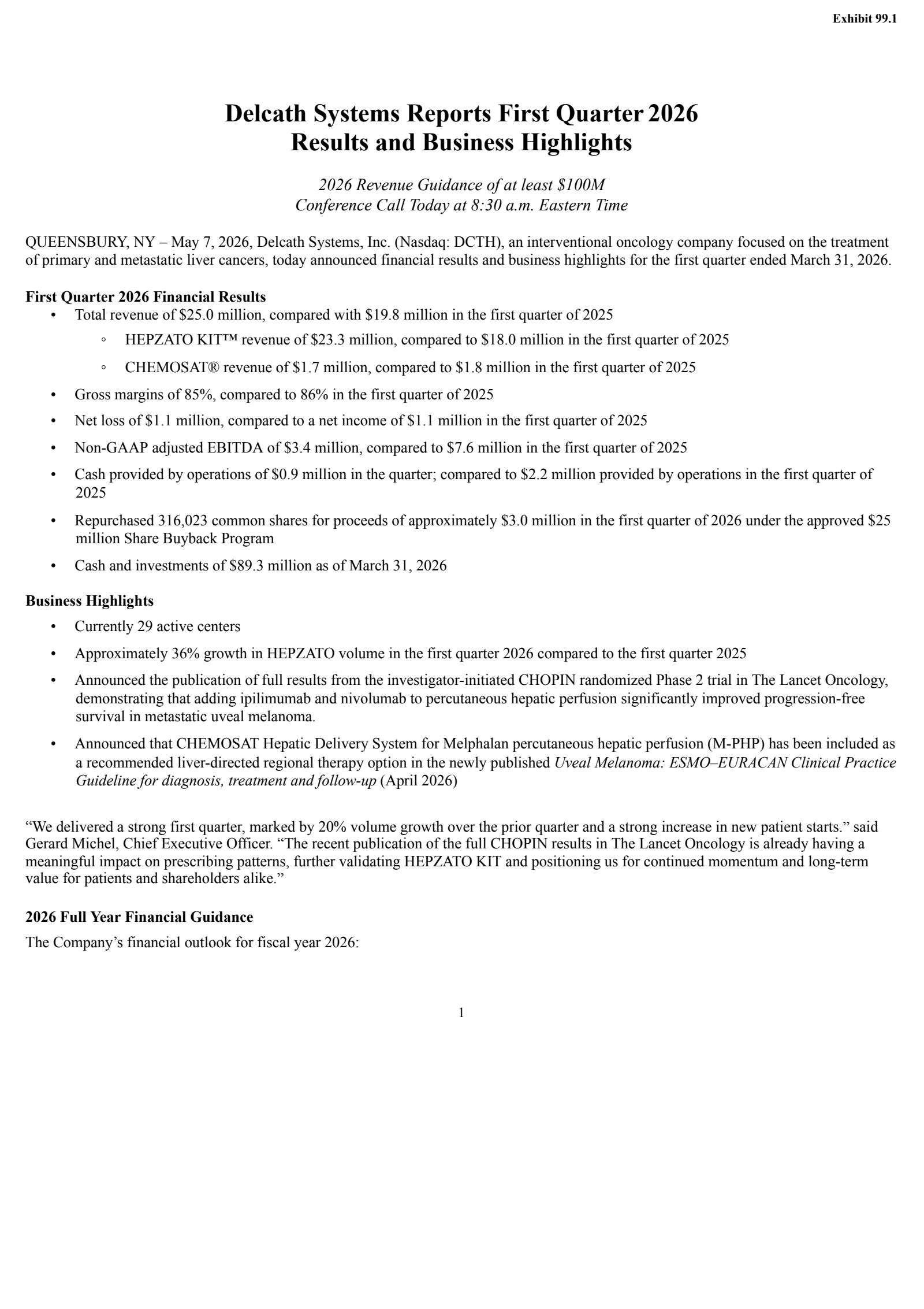 Delcath Systems' Q1 2026 Press Release