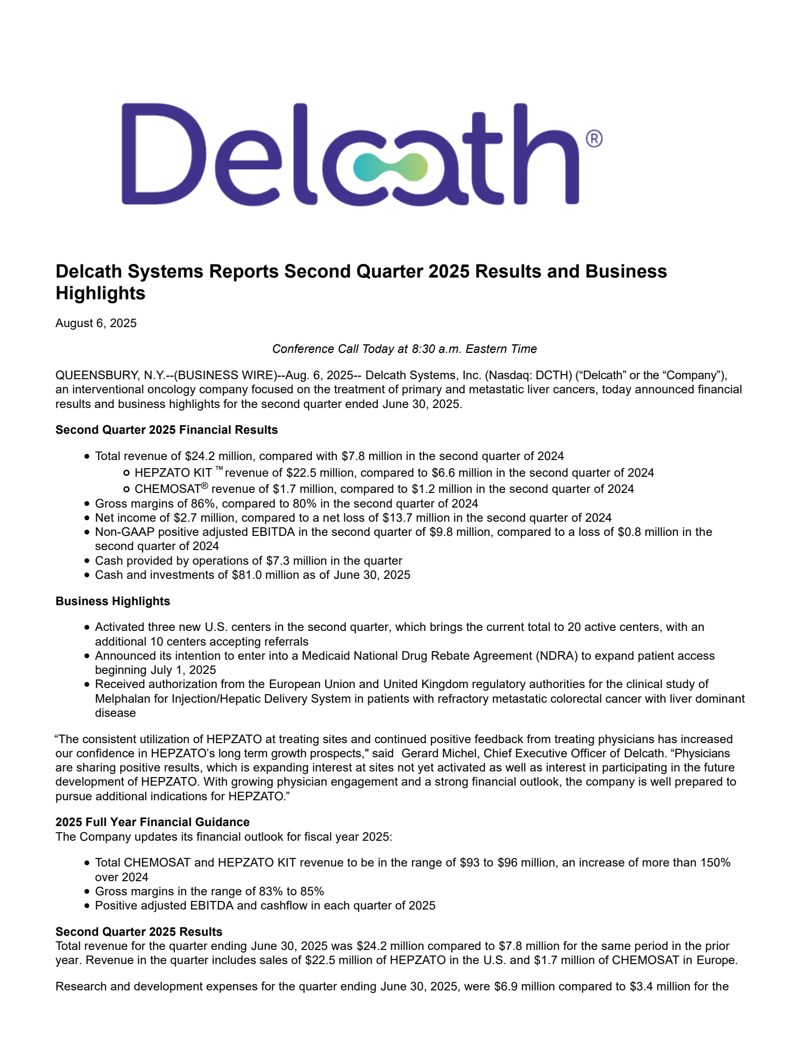 Delcath Systems' Q2 2025 Press Release
