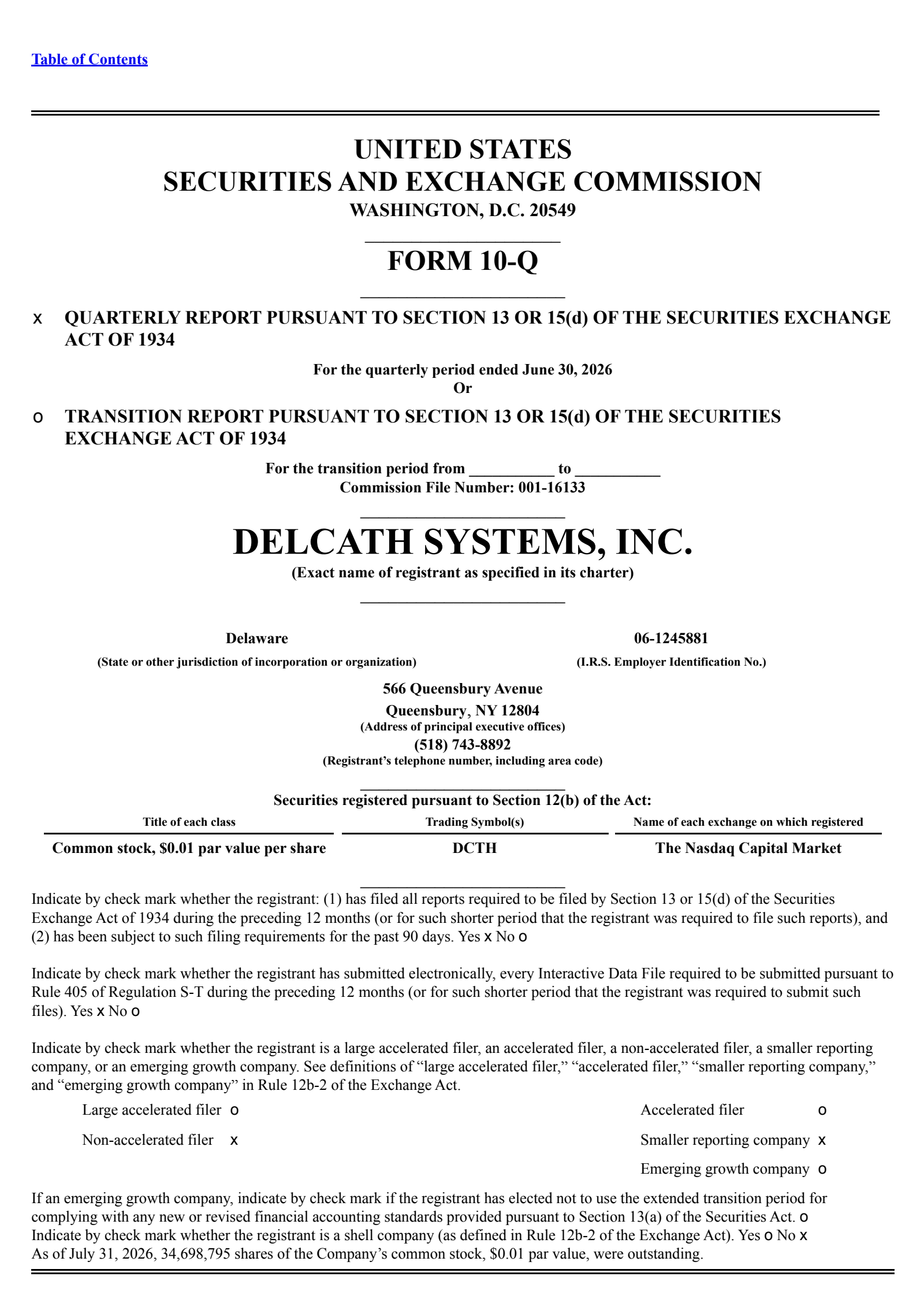 Delcath Systems' Q2 2026 Quarterly report