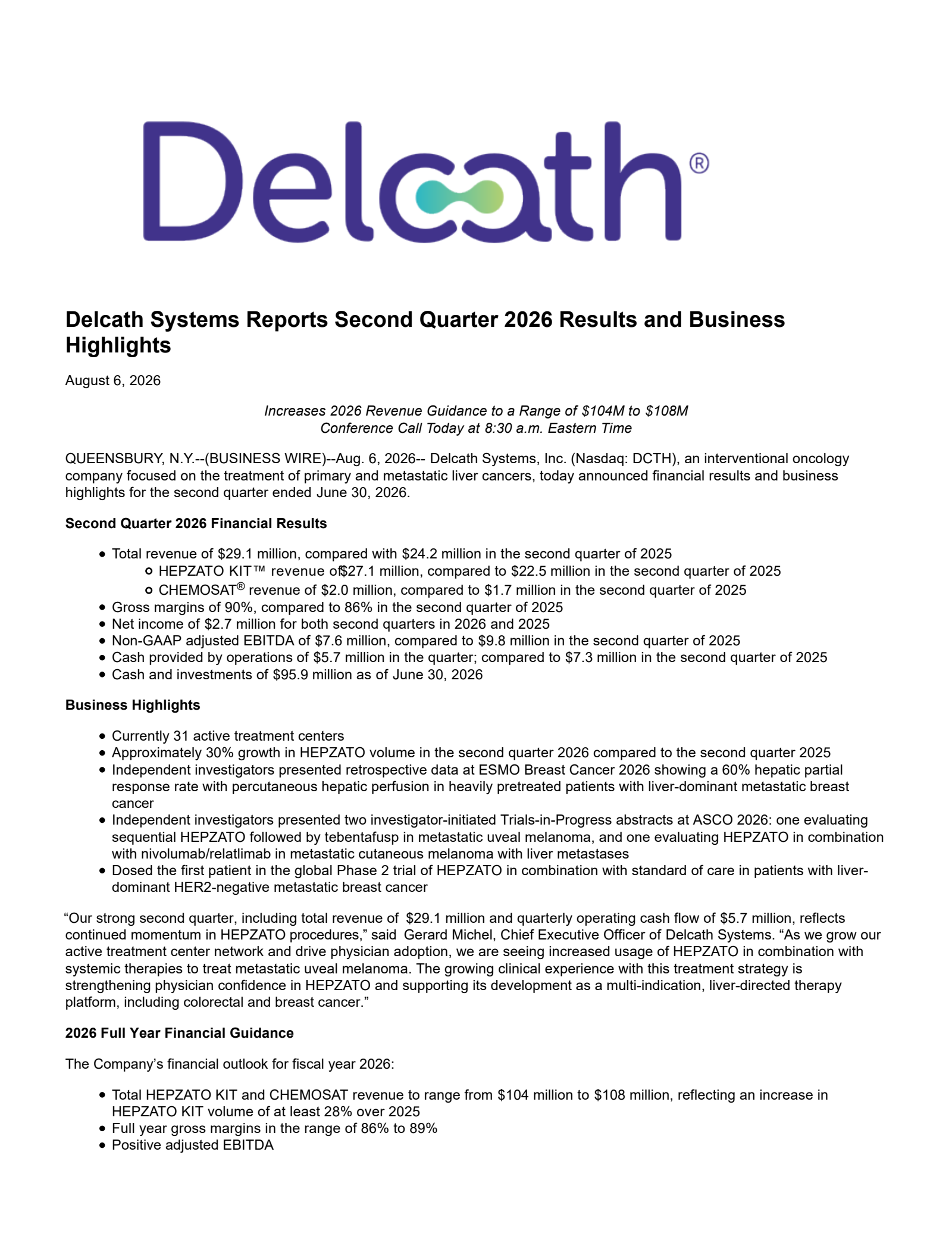 Delcath Systems' Q2 2026 Press Release