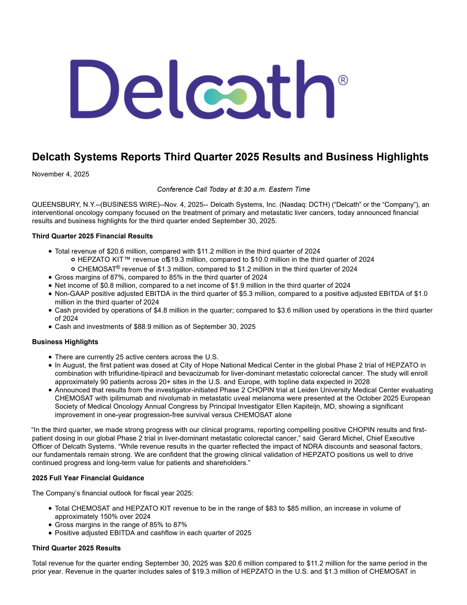 Delcath Systems' Q3 2025 Earnings Release