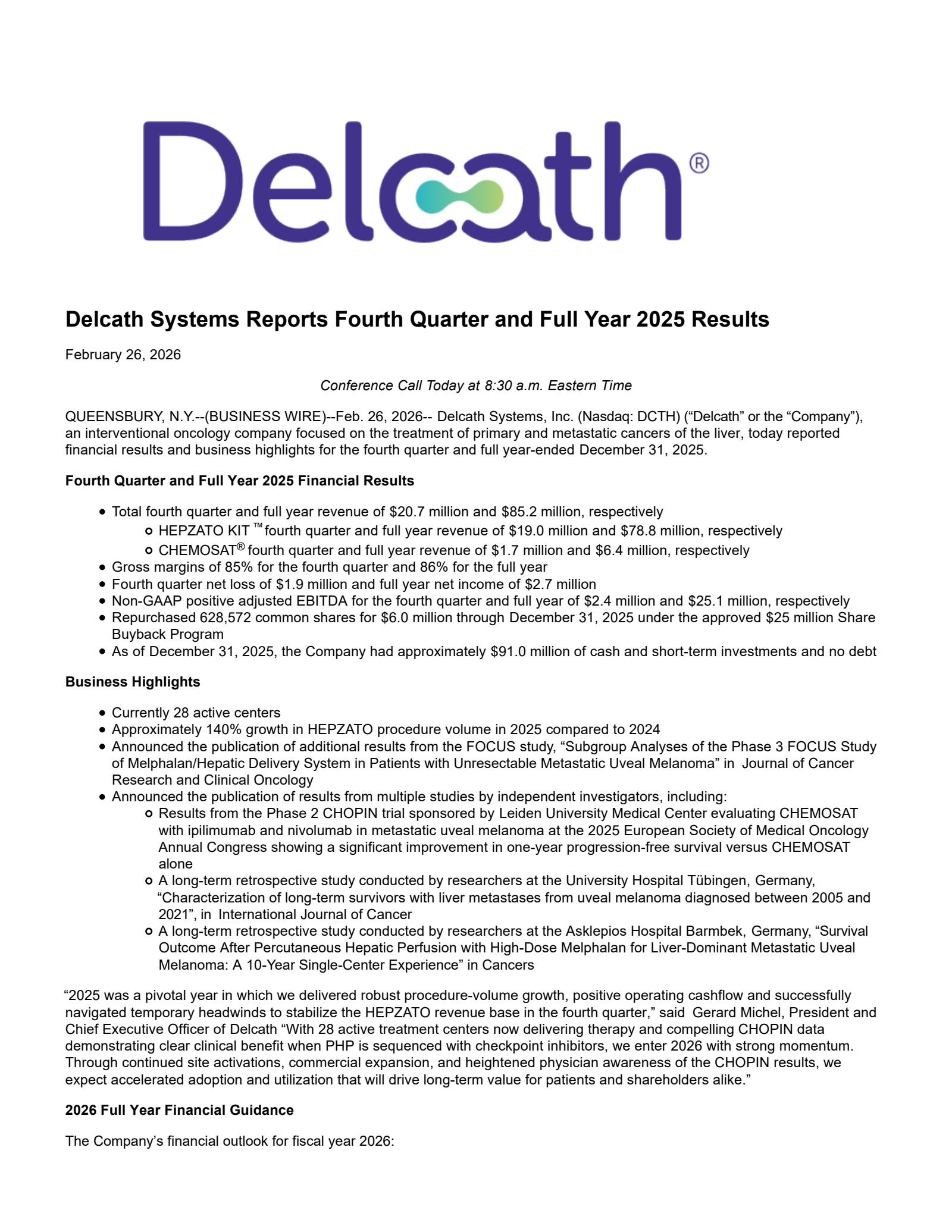 Delcath Systems' Q4 2025 Press Release