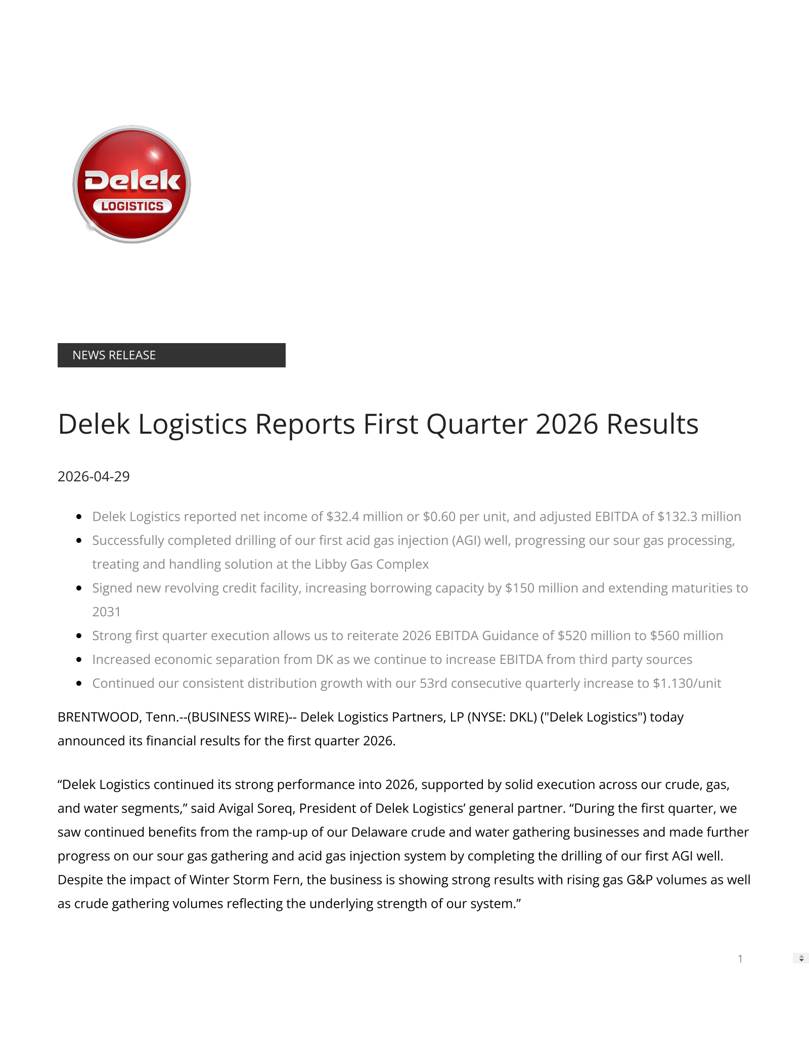 Delek Logistics Partners' Q1 2026 Press Release