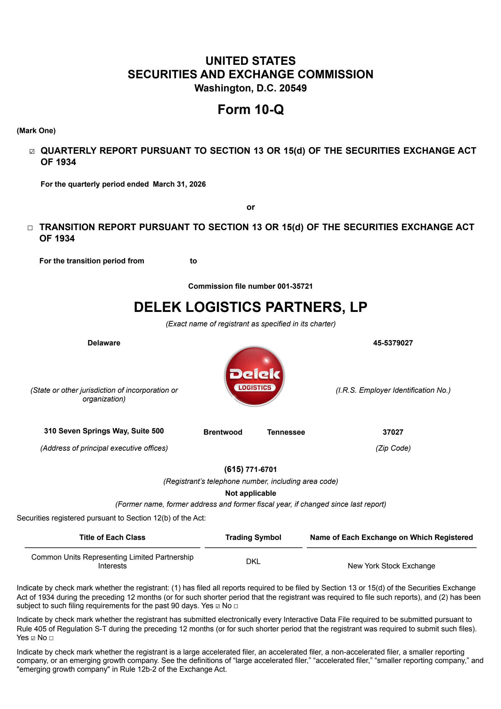 Delek Logistics Partners' Q1 2026 Quarterly report