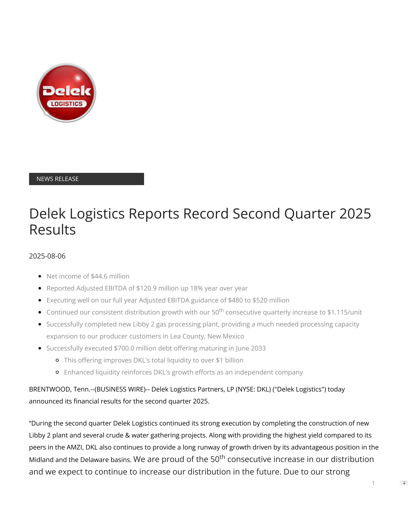 Delek Logistics Partners' Q2 2025 Press Release
