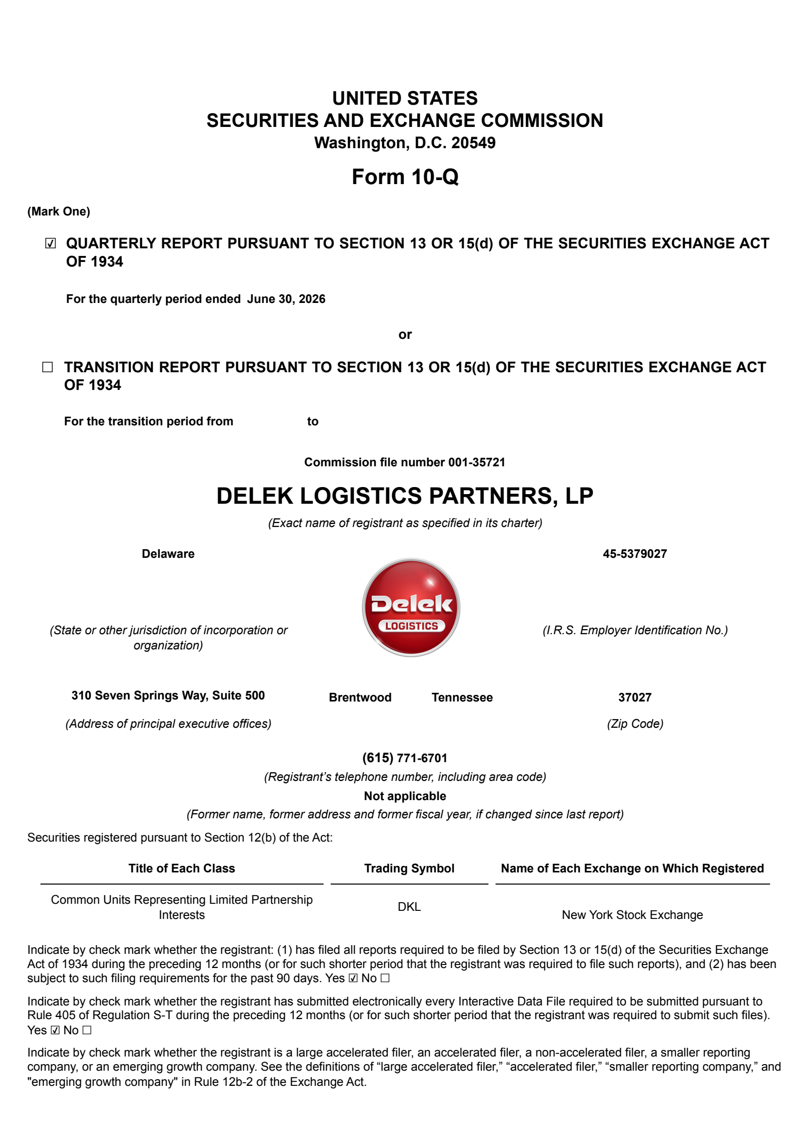 Delek Logistics Partners' Q2 2026 Quarterly report