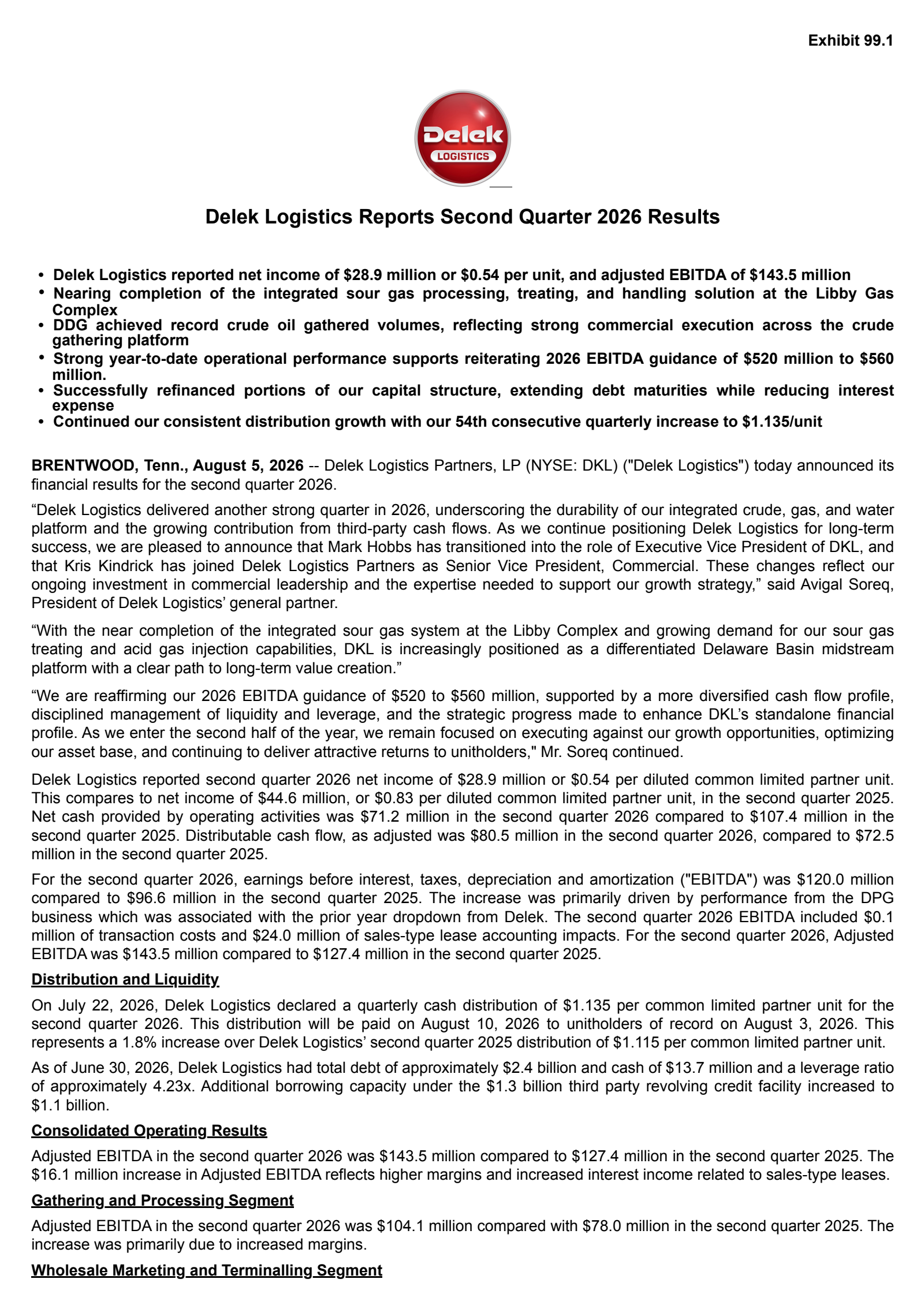 Delek Logistics Partners' Q2 2026 Press Release