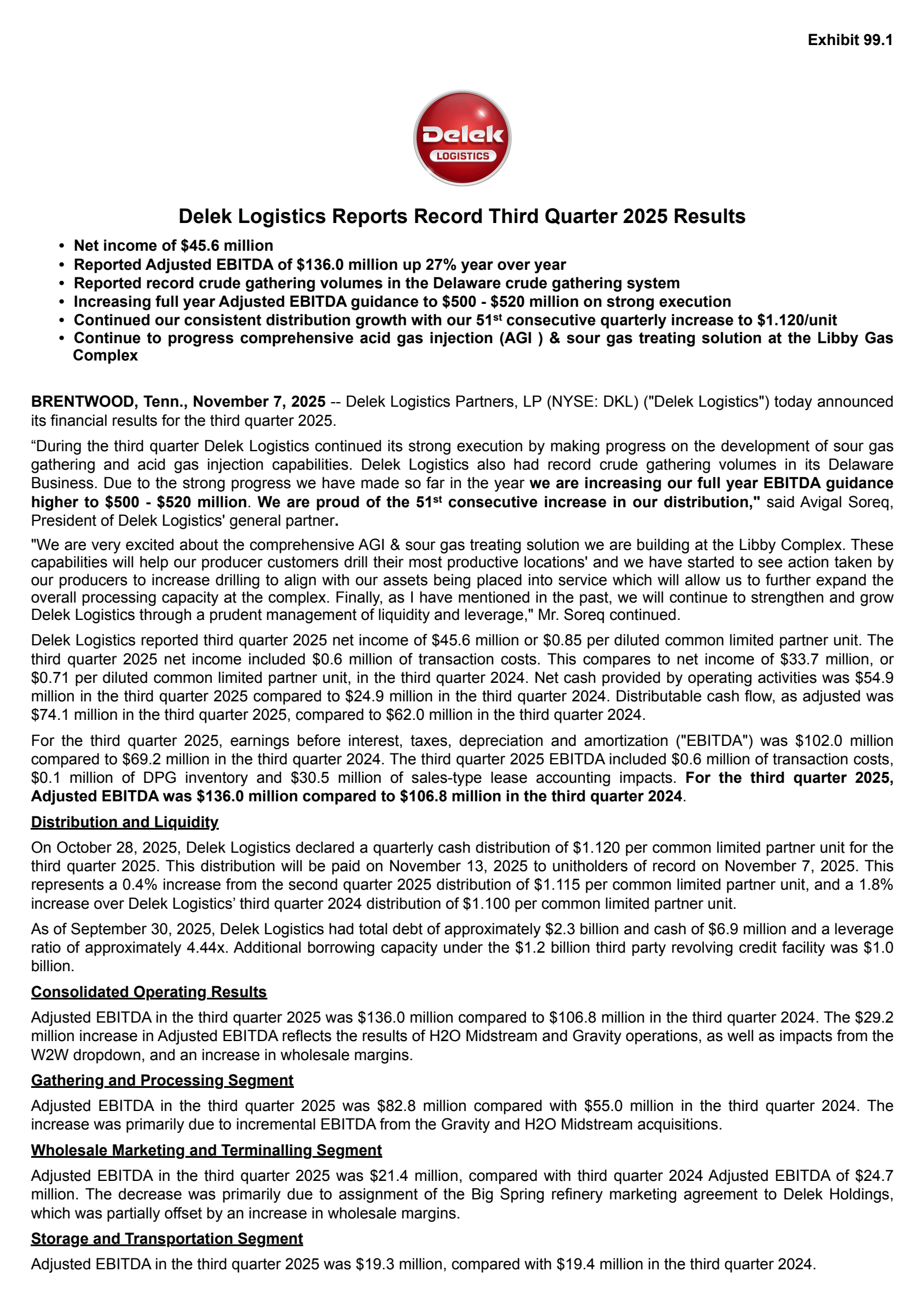 Delek Logistics Partners' Q3 2025 Earnings Release