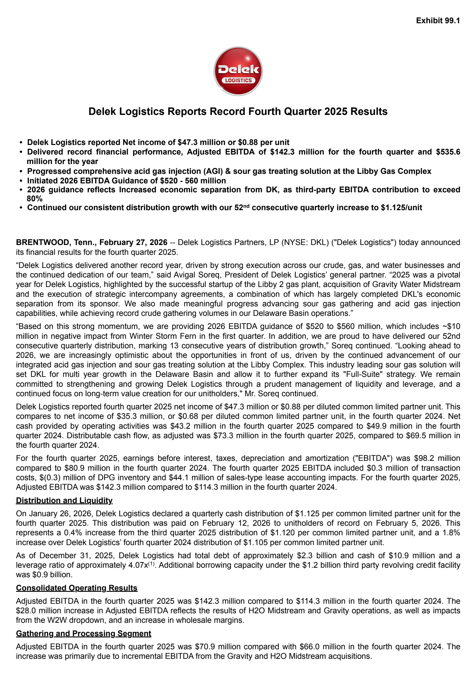 Delek Logistics Partners' Q4 2025 Press Release
