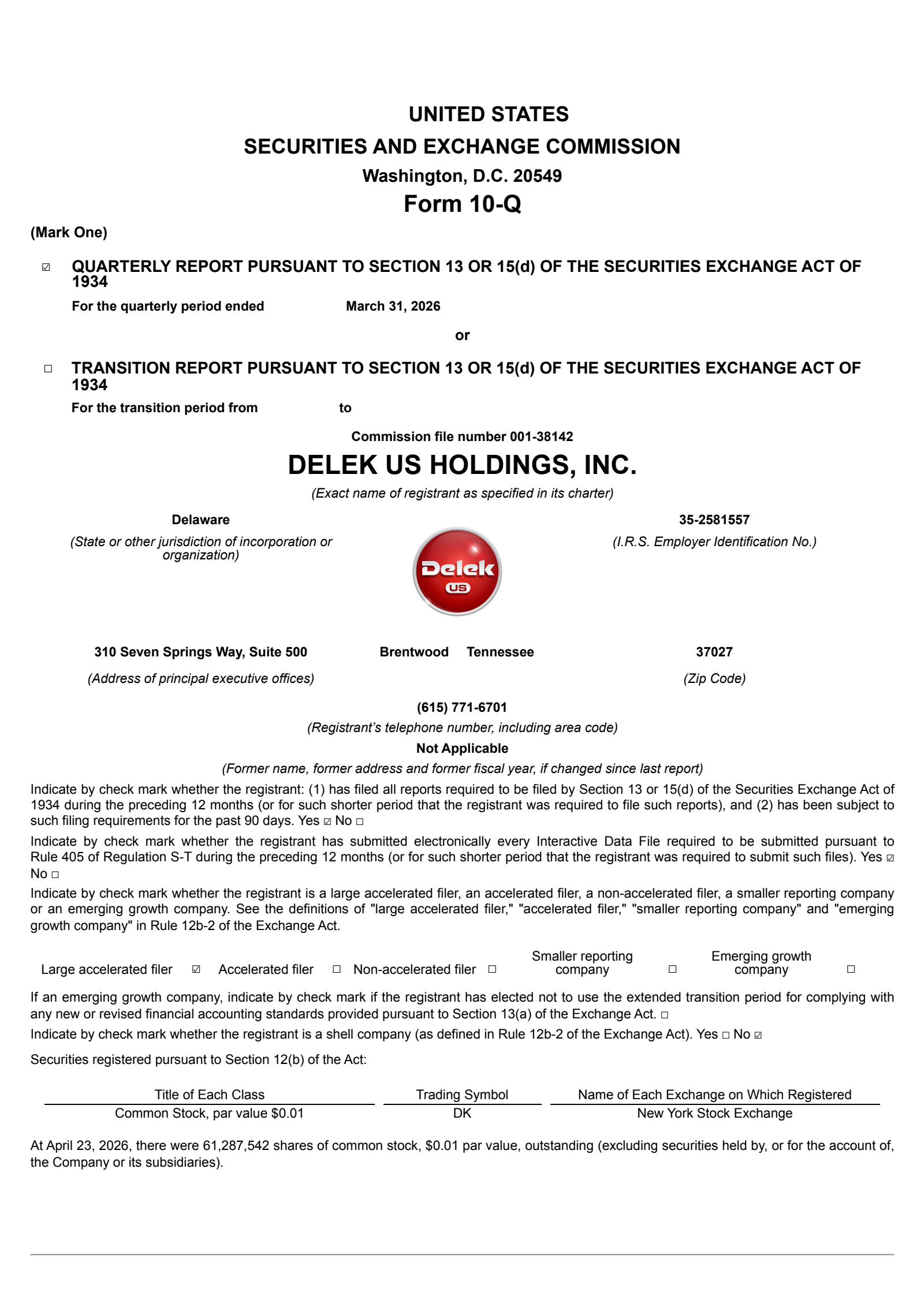 Delek US's Q1 2026 Quarterly report
