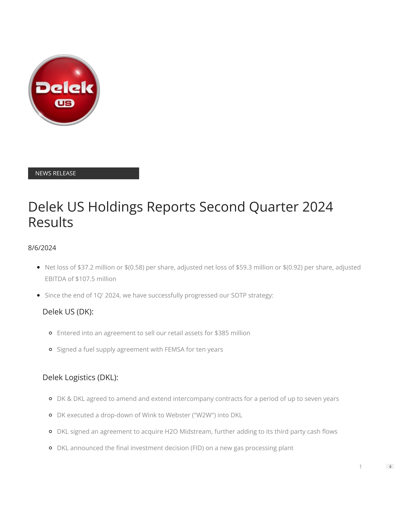 Delek US's Q2 2024 Press Release