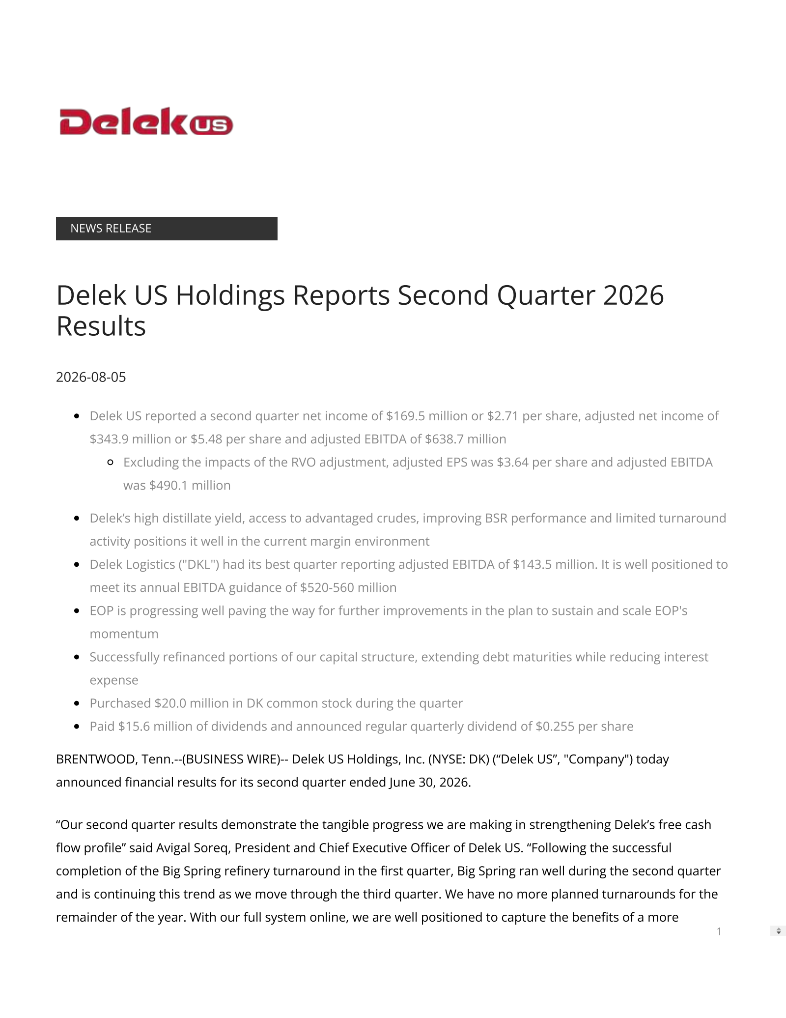 Delek US's Q2 2026 Press Release