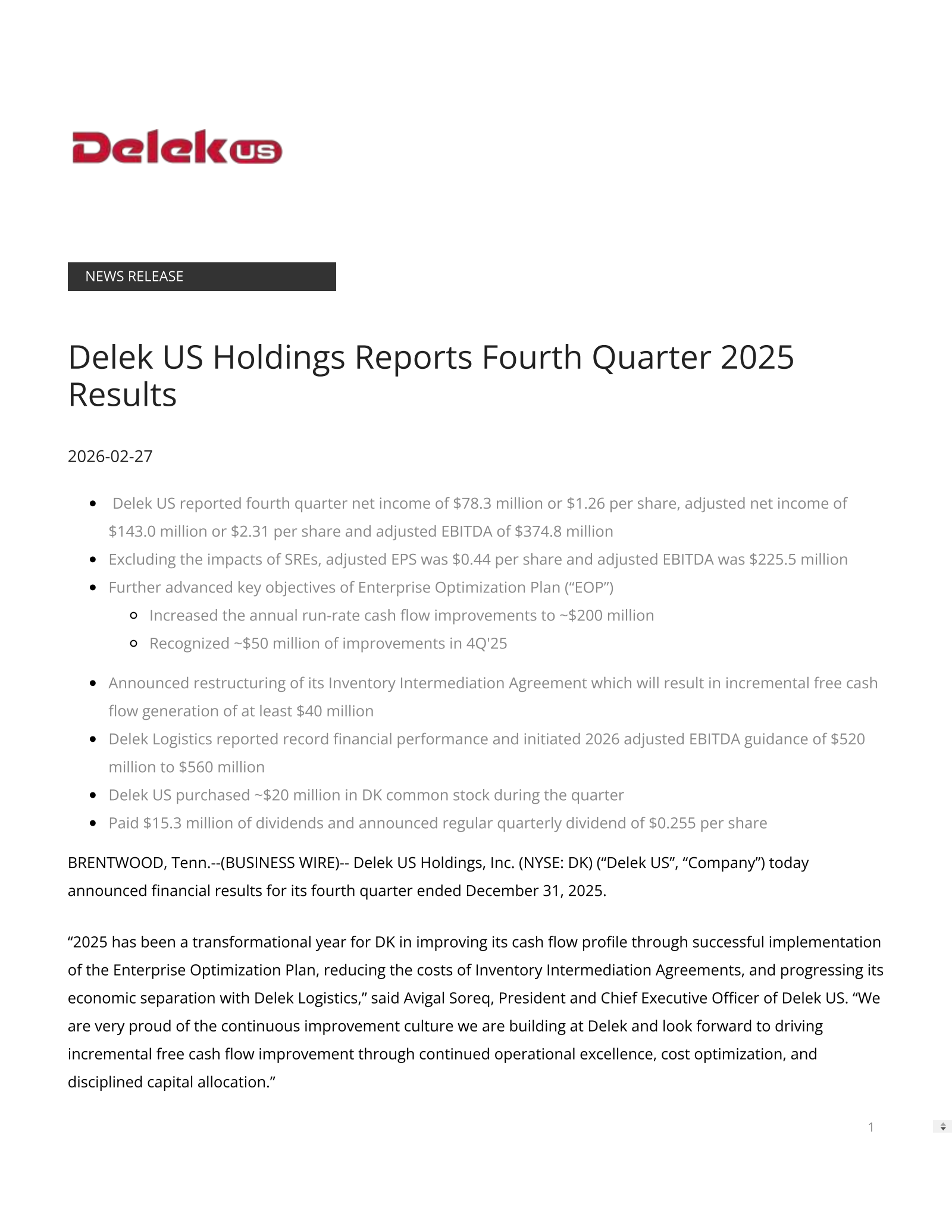 Delek US's Q4 2025 Press Release