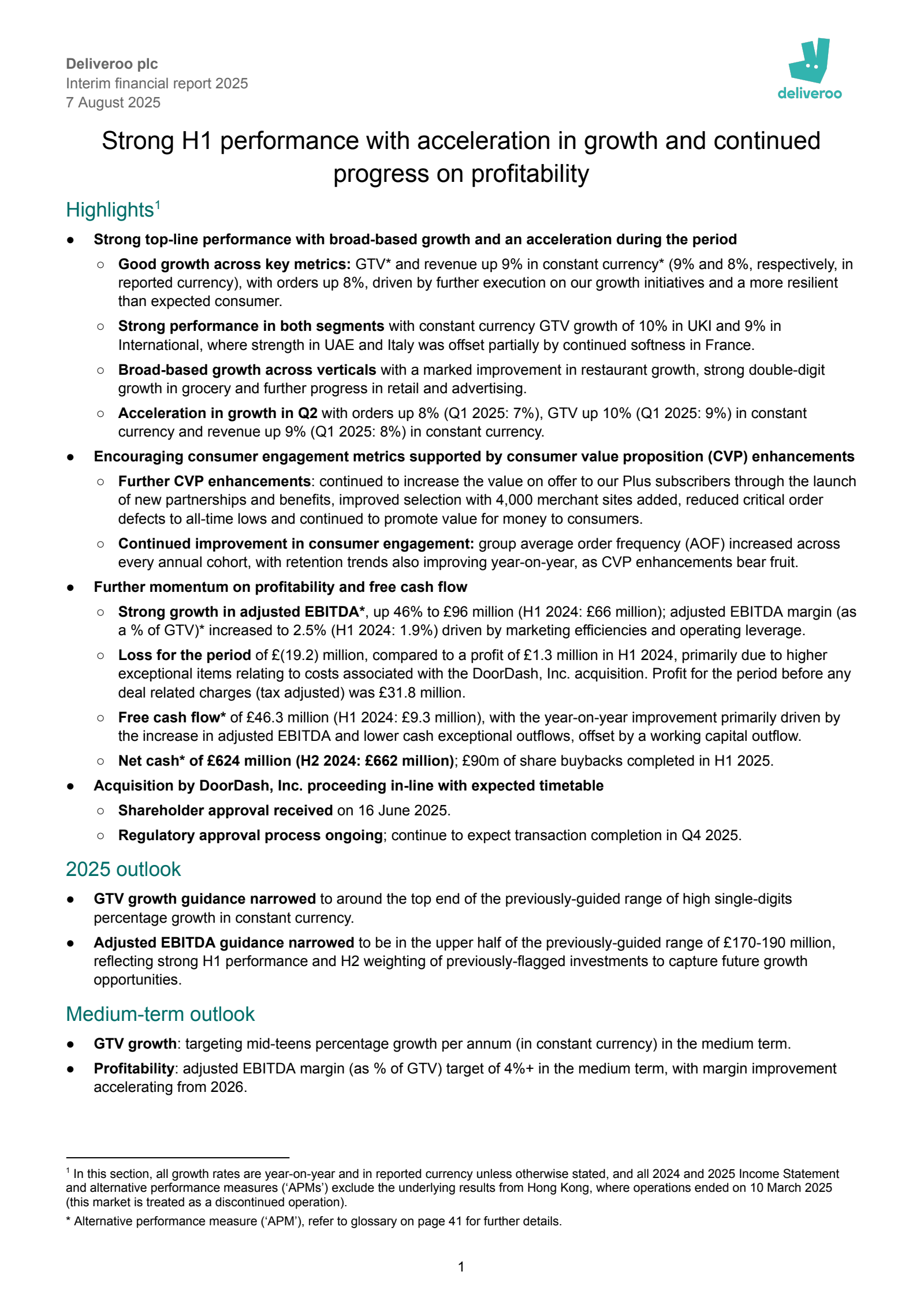 Deliveroo's H1 2025 Interim report